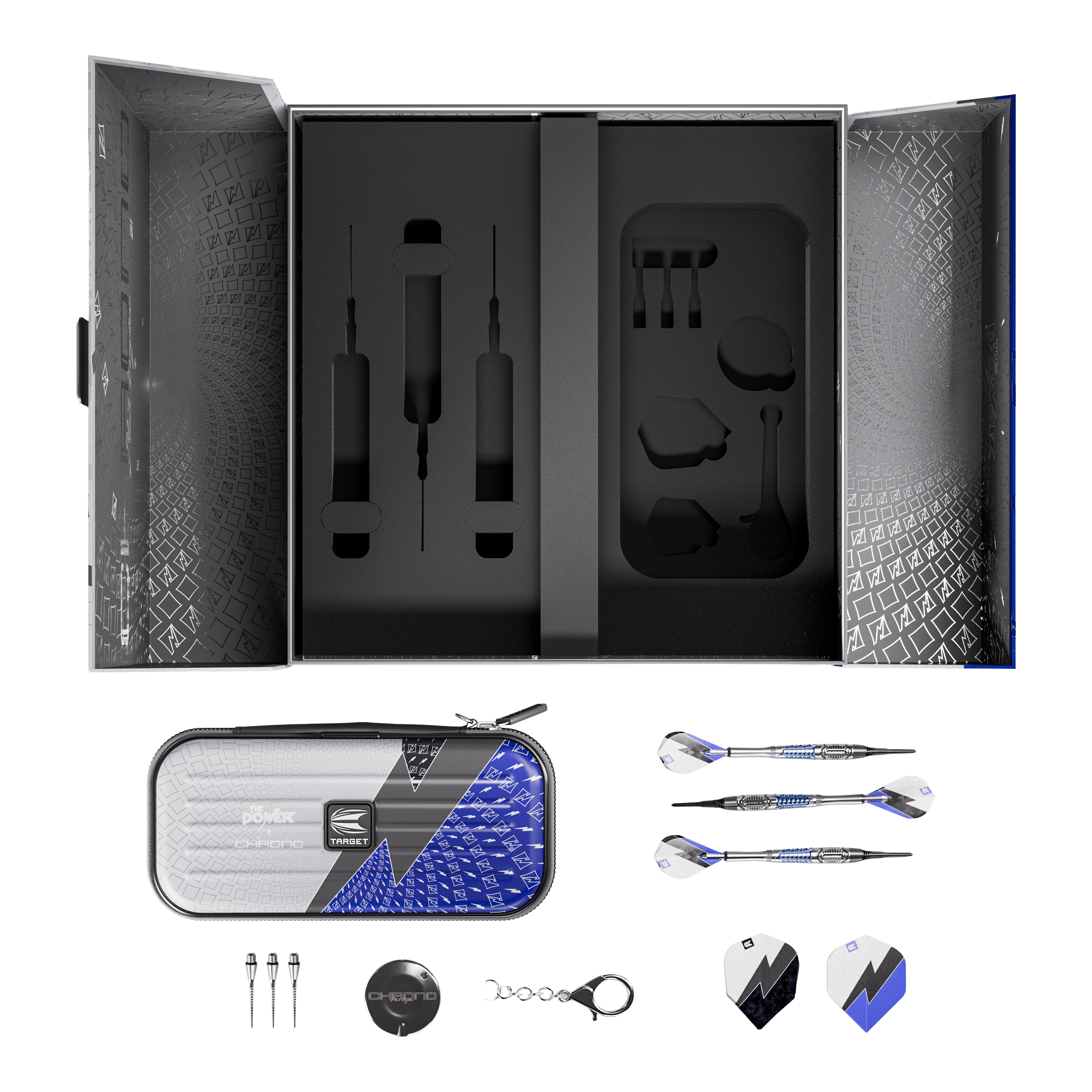 Fléchettes souples Target Phil Taylor Power X Chrono Zu sehen sind die Target Phil Taylor Power X Chrono Softdarts. Das Bild zeigt drei Darts nebeneinander.