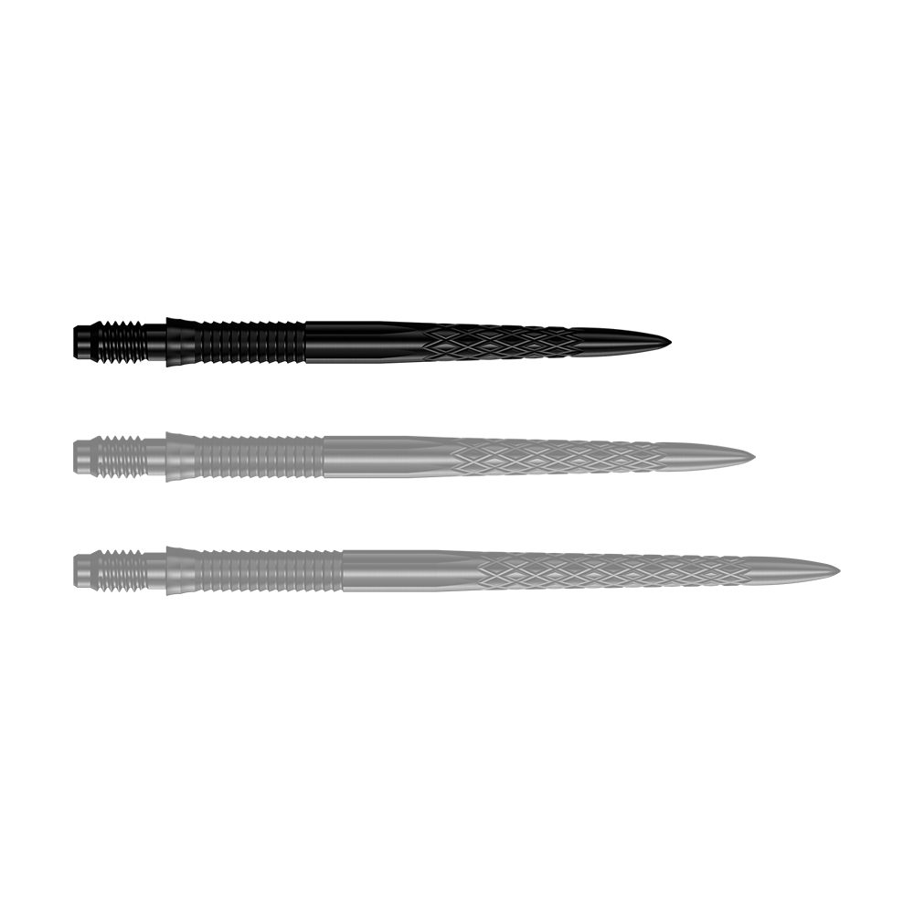 Pointes de fléchettes Mission R2.5 Rapid Point DSX - Noires Das Bild zeigt eine Reihe von schwarzen Dartspitzen mit der Bezeichnung 30mm. Die Spitze ist für den Einsatz in Darts geeignet.