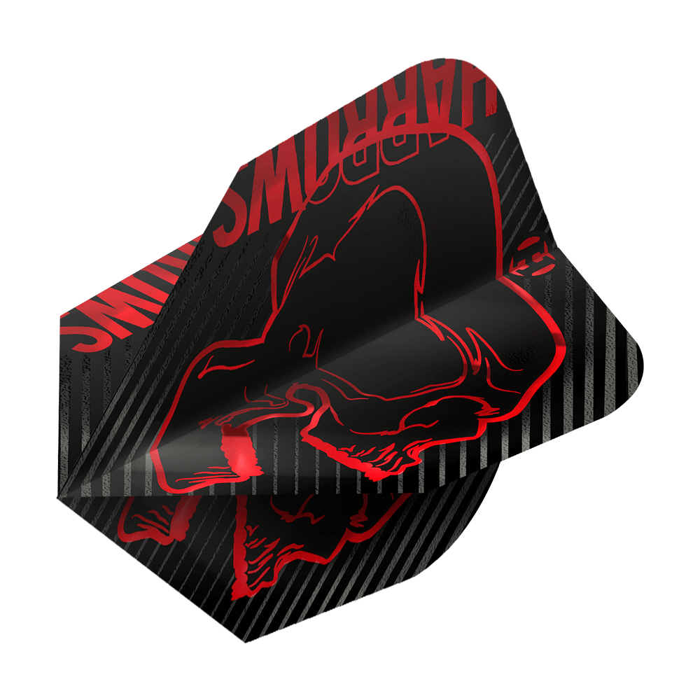 Vols Harrows Rage Rouge No6 Das Bild zeigt das Produkt "Harrows Rage Red No6 Flights". Die Flights sind schwarz mit roten Grafiken und Streifen verziert.