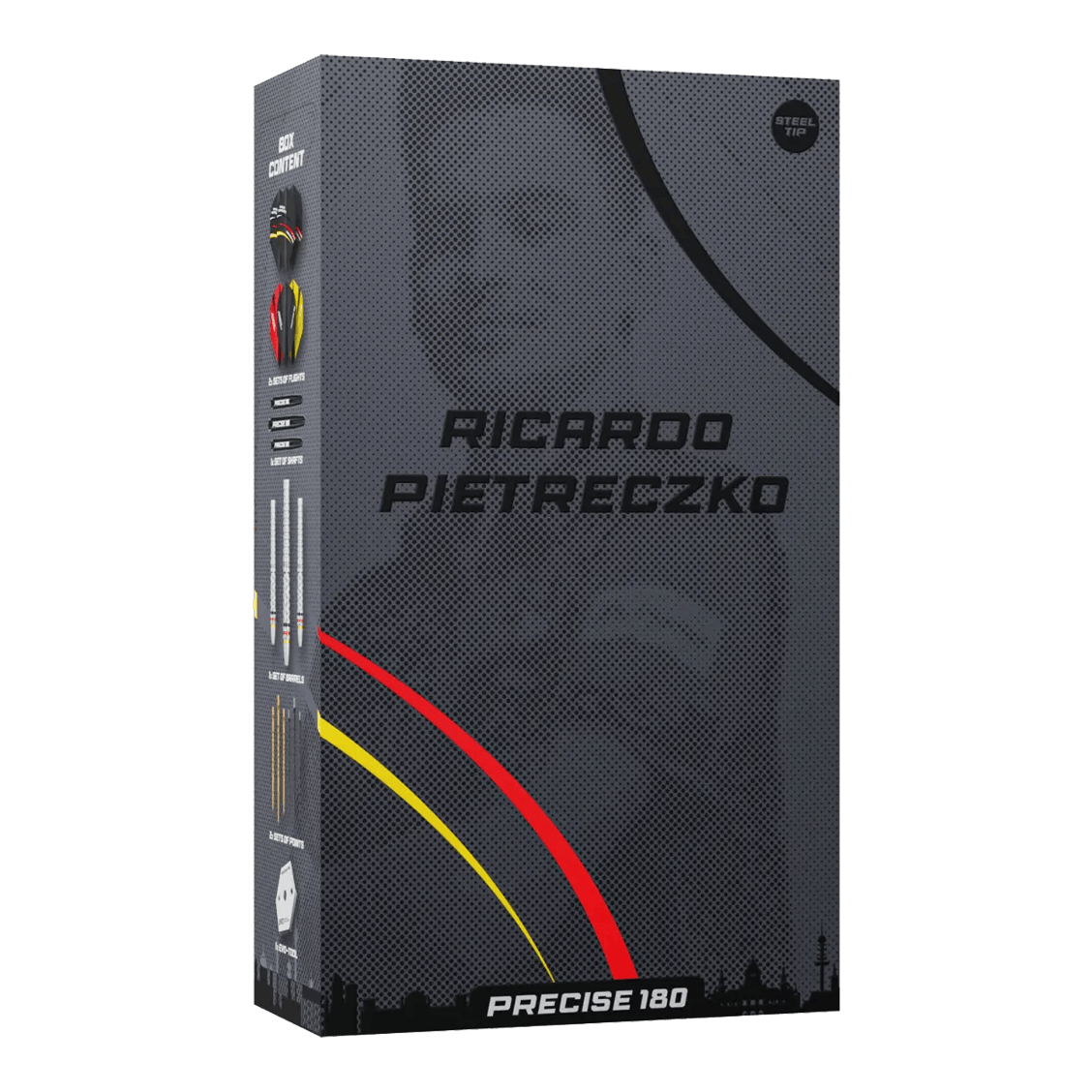Fléchettes en acier Precise 180 Ricardo Pietreczko GEN1 Precise 180 Ricardo Pietreczko GEN1 Steeldarts zeigen das Design dieser hochwertigen Dartpfeile. Diese Darts sind ideal für Wettkampfspieler.