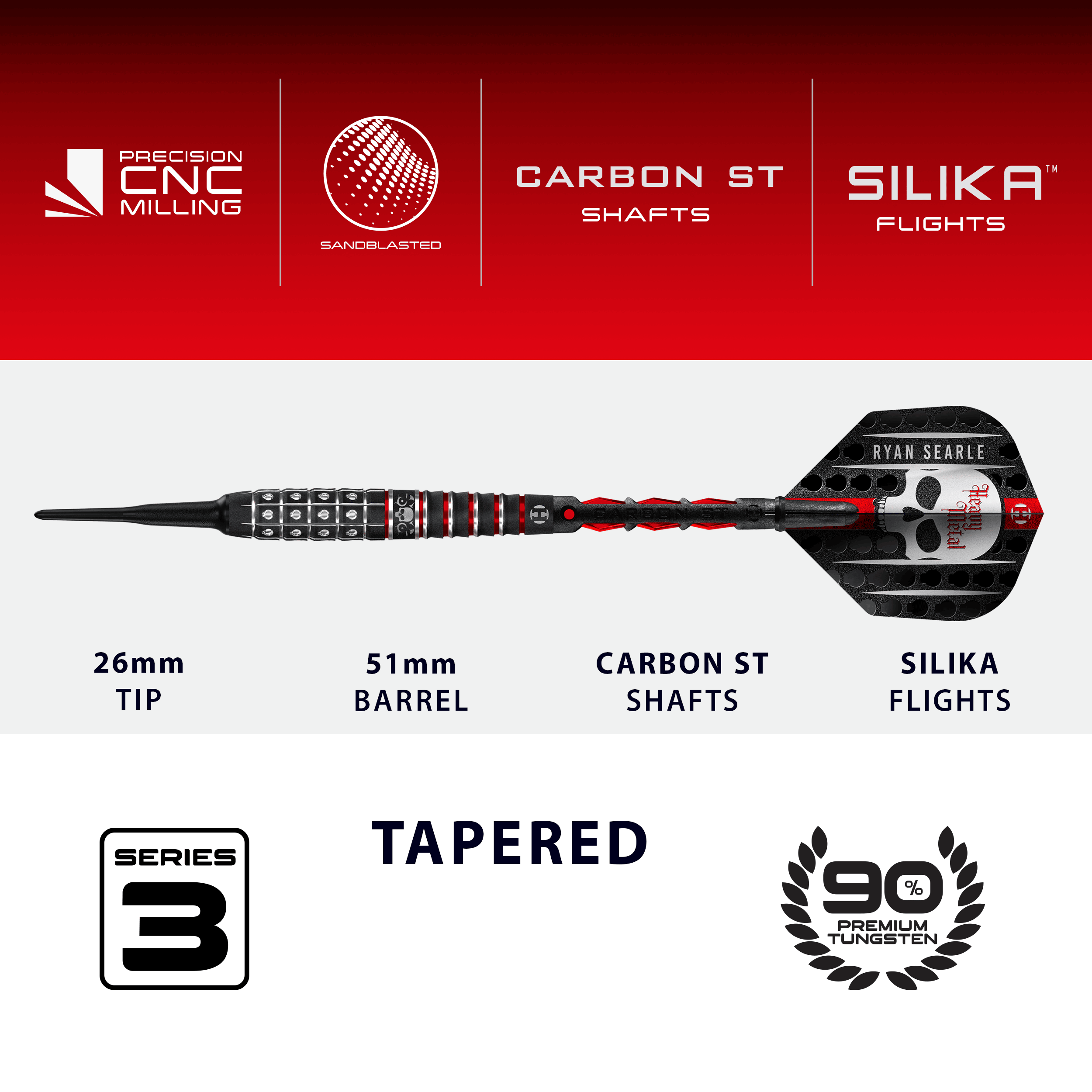 Fléchettes souples Ryan Searle Series 3 de Harrow Das Bild zeigt die Harrows Ryan Searle Series 3 Softdarts. Diese Dartpfeile sind für den Softdartbereich konzipiert.