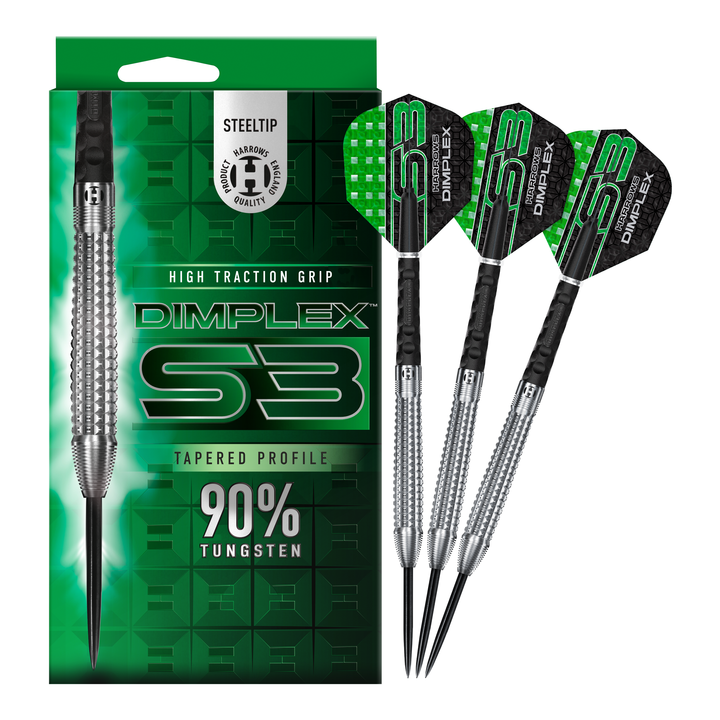 Fléchettes coniques en acier Harrows Dimplex S3 Das Bild zeigt die Harrows Dimplex S3 Tapered Steeldarts mit einer auffälligen grünen Verpackung. Drei Steeldarts aus 90% Wolfram sind neben der Verpackung abgebildet.