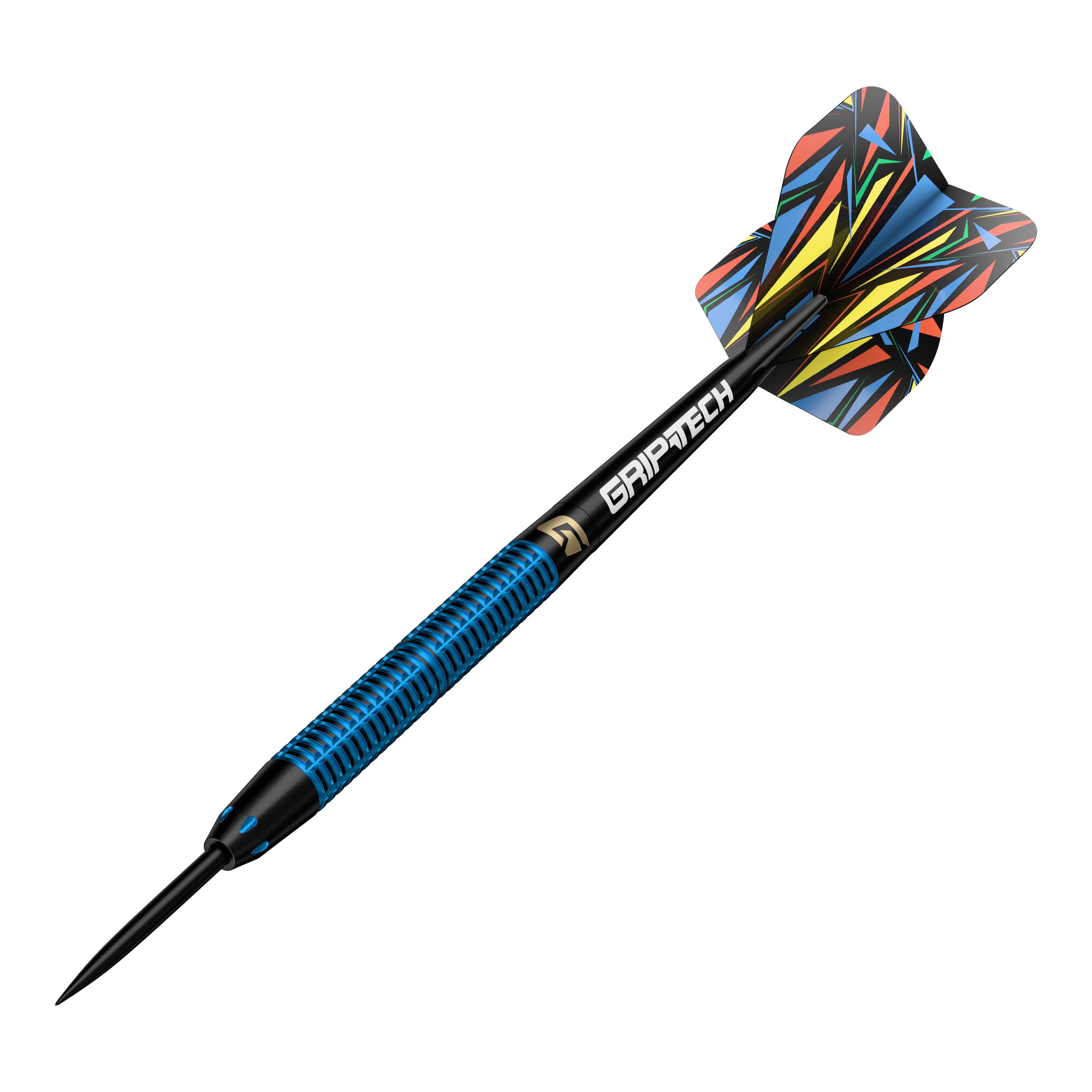 Fléchettes en acier GOAT Athlete en laiton bleu - 12 g Dies ist der GOAT Athlete Blue Brass Steeldart mit einem Gewicht von 12g. Er hat ein auffälliges, bunt gemustertes Flight und einen blau-schwarzen Schaft mit der Aufschrift "GRIPTECH".