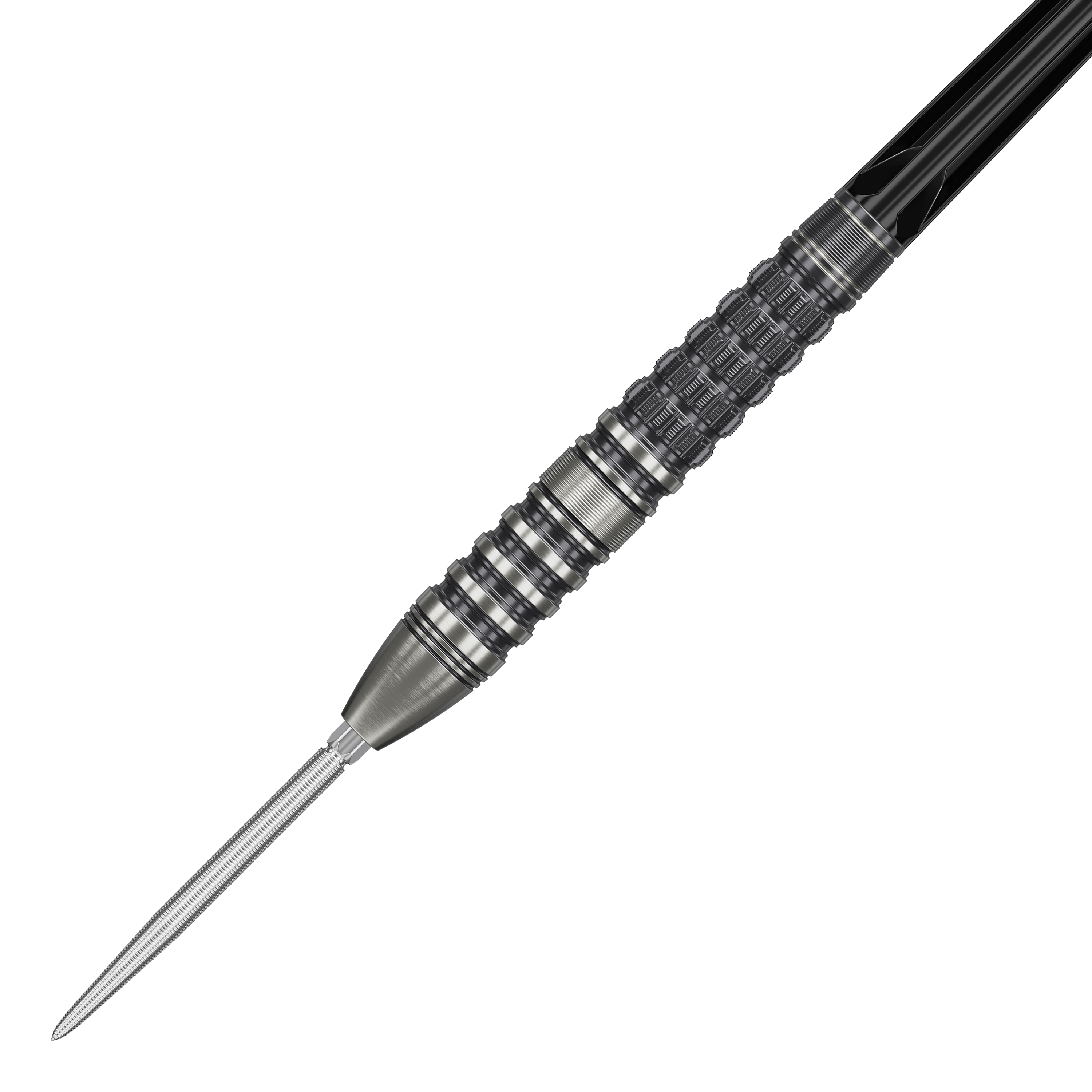 Fléchettes en acier Target Japan Black Marque Lumiere GEN3 Das Bild zeigt den Target Japan Black Marque Lumiere GEN3 Steeldart. Der Dart hat ein silbernes, fein strukturiertes Barrel mit schwarzen Akzenten und einer scharfen Spitze.