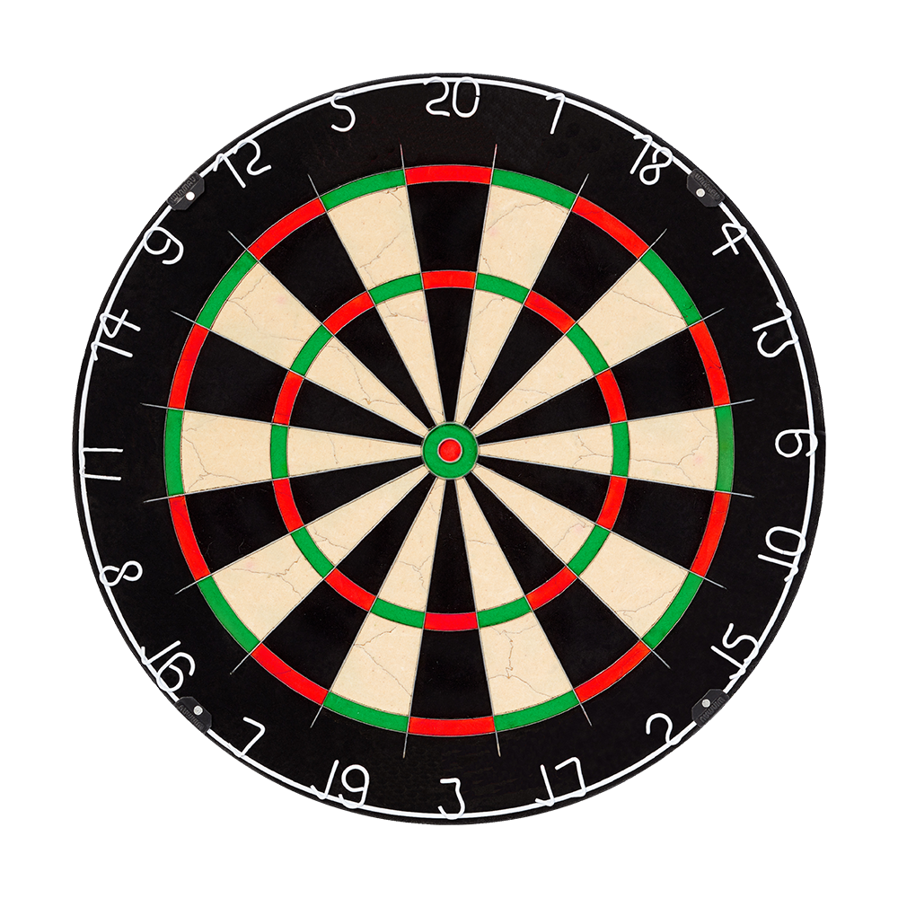 NPQ Steeldartboard Das Bild zeigt eine klassische Dartscheibe mit schwarzen, weißen, roten und grünen Feldern. Es handelt sich um das Produkt „NPQ Steeldartboard“.