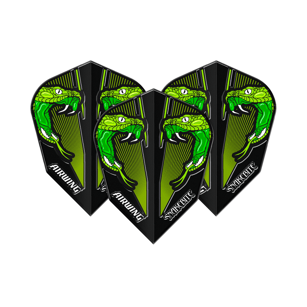 Vols Red Dragon Airwing Peter Wright Green V-Standard Das Bild zeigt drei Dartflights mit einem auffälligen grünen Schlangenkopf-Design. Auf den Flights steht "AIRWING" und "SNAKEBITE".
