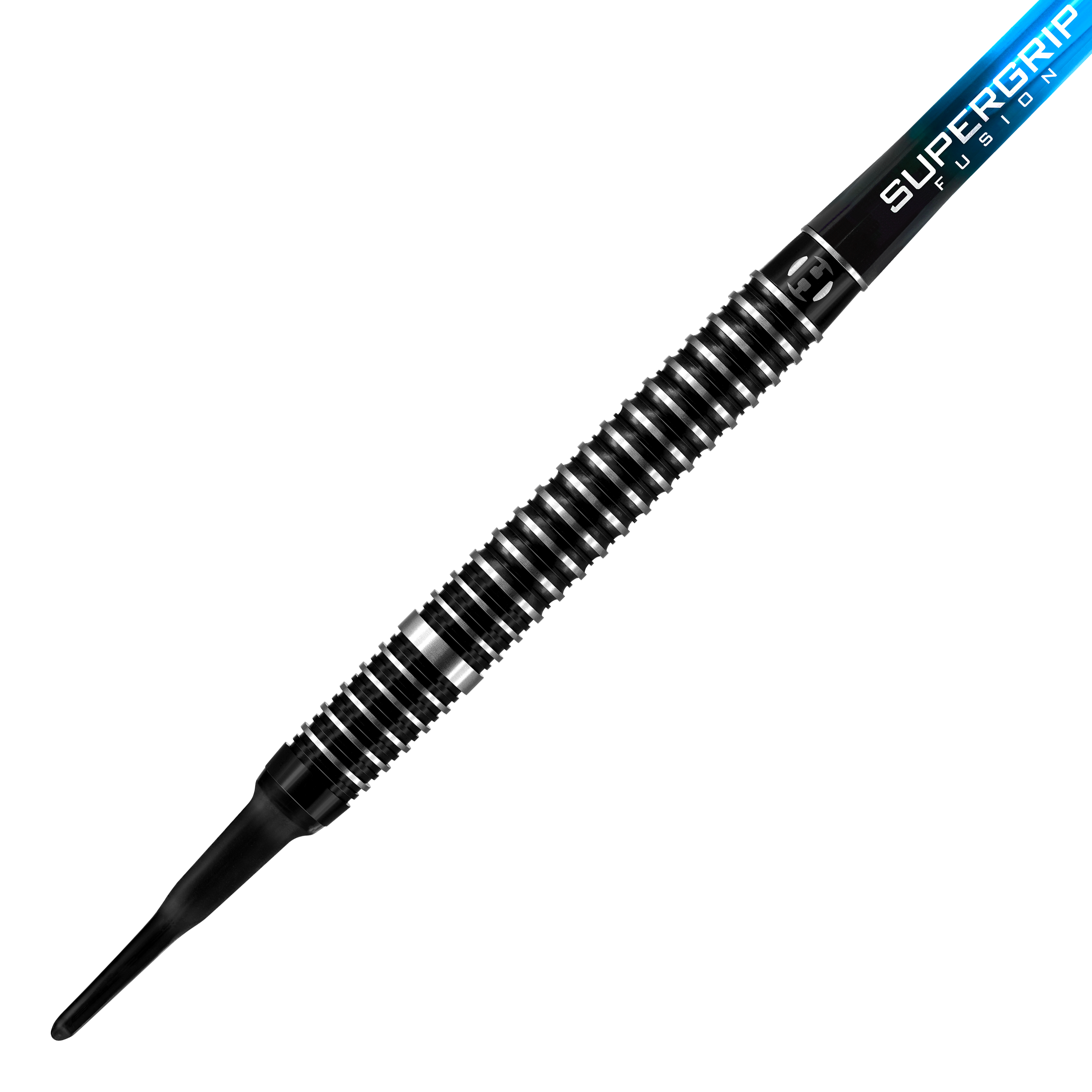 Fléchettes de siège Harrows Softdarts Das Bild zeigt einen Harrows Siege Softdart mit einem schwarz-silbernen, geriffelten Barrel. Oben am Schaft steht "Supergrip Fusion" auf einem blauen Abschnitt.