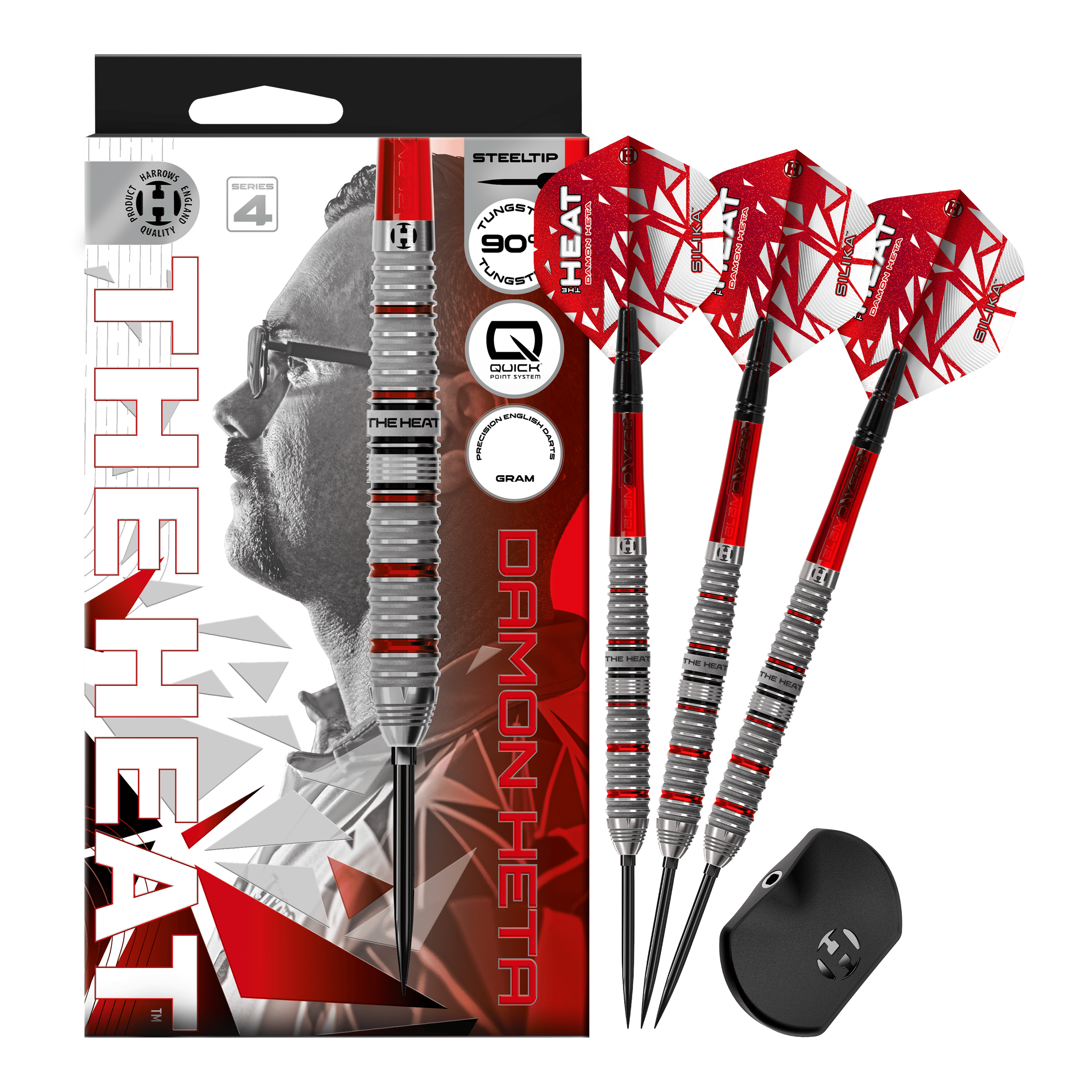 Hier wird das Set Harrows Damon Heta Series 4 Quick Point Steeldarts präsentiert. Das Produkt besticht durch Präzision und robuste Verarbeitung.