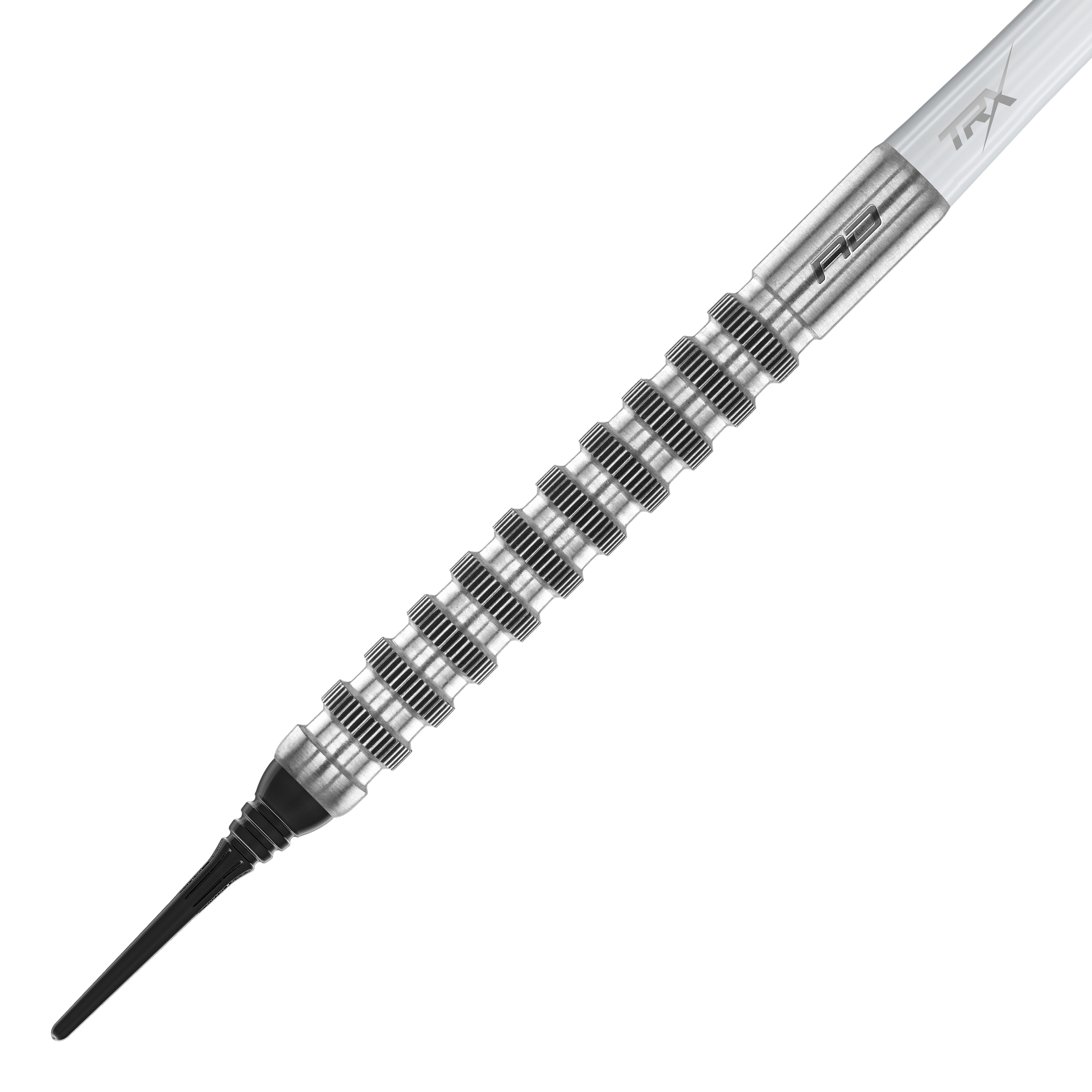 Fléchettes souples Red Dragon Javelin Speedline - 20 g Das Bild zeigt einen Red Dragon Javelin Speedline Softdart mit einem Gewicht von 20g. Der Dart hat ein silbernes, geriffeltes Barrel und eine schwarze Softspitze.