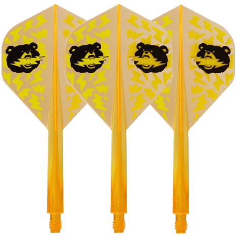 Hache Condor Black Bear Miyu Miyawaki Flight Shaft Orange Néon - Standard Das Bild zeigt vier neonorange Dartflights mit gelbem Blitzmuster und einem schwarzen Bärenkopf darauf. Die Flights sind in Standard-Form gestaltet und tragen den Namen "Condor Axe Black Bear Miyu Miyawaki".