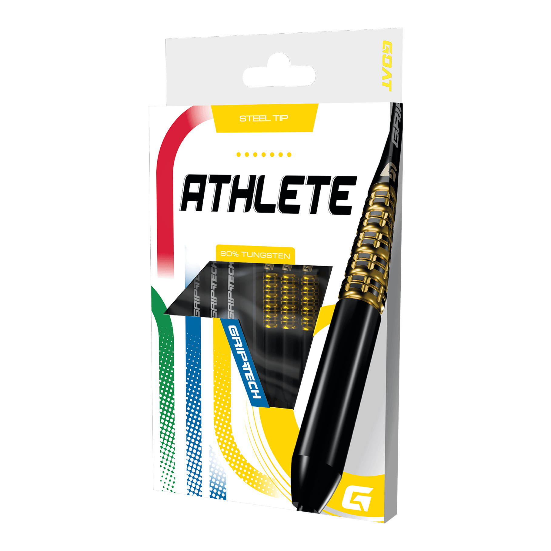 Fléchettes GOAT Athlete en acier tungstène jaune Das Foto zeigt einen gelben Tungsten-Steeldart. Das Produkt wird als 'GD7000770 GOAT Athlete Yellow Tungsten Steeldarts 3' bezeichnet.