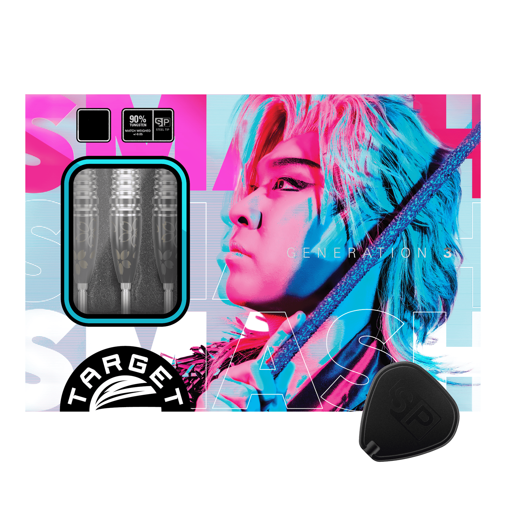 Fléchettes en acier Target Japan Junya Koikawa Charm Smash GEN3 Swiss Point - 23 g Das Bild zeigt die Verpackung der "Target Japan Junya Koikawa Charm Smash GEN3 Swiss Point Steeldarts - 23g". Auf der Verpackung ist ein farbenfrohes Porträt einer Person sowie die Darts selbst abgebildet.