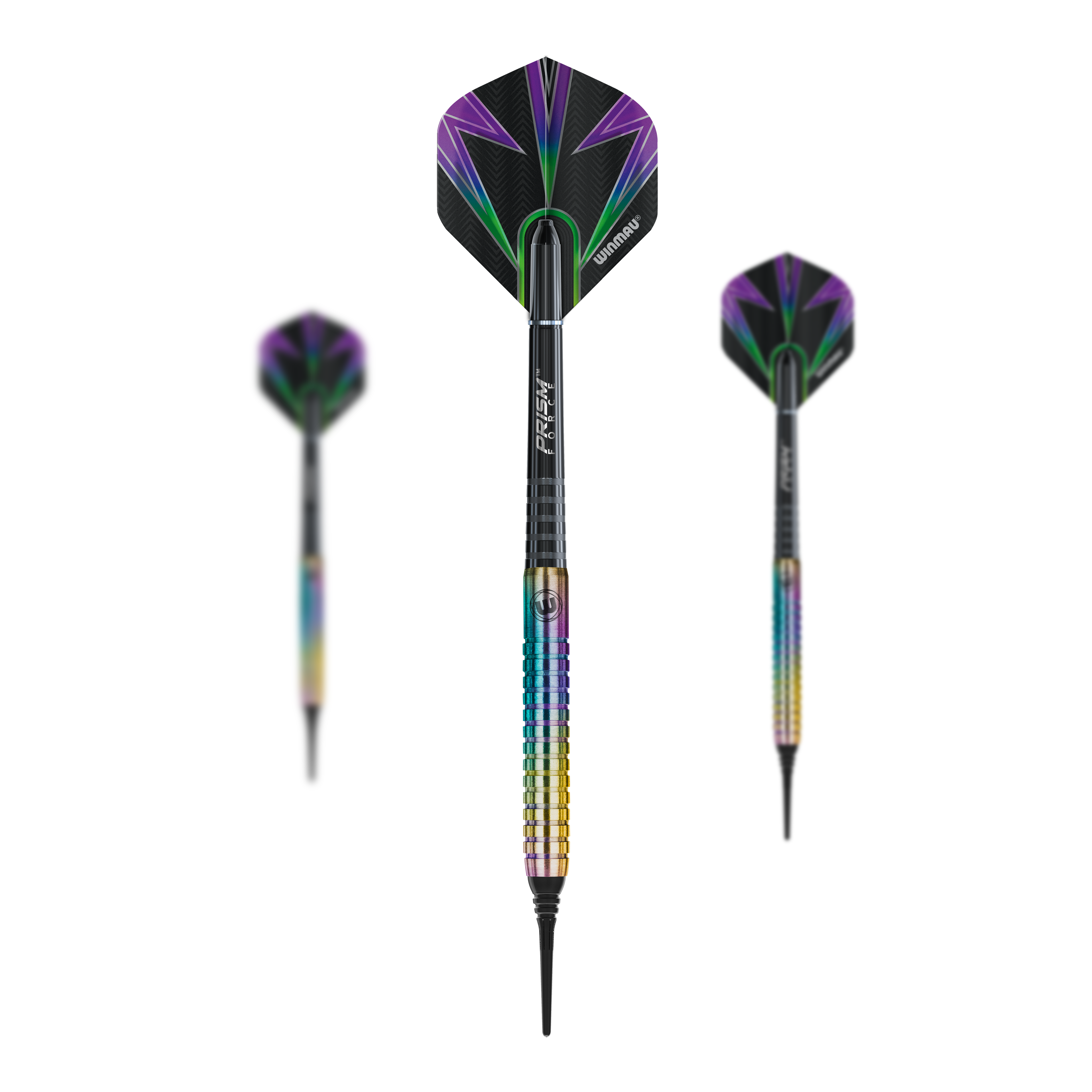 Fléchettes souples Winmau Foxfire Urban - 20 g Das Bild zeigt drei Winmau Foxfire Urban Softdarts mit einem Gewicht von 20g. Die Darts haben auffällige, bunte Flights mit lila und grünen Blitzmustern sowie einen metallisch schimmernden Griff.