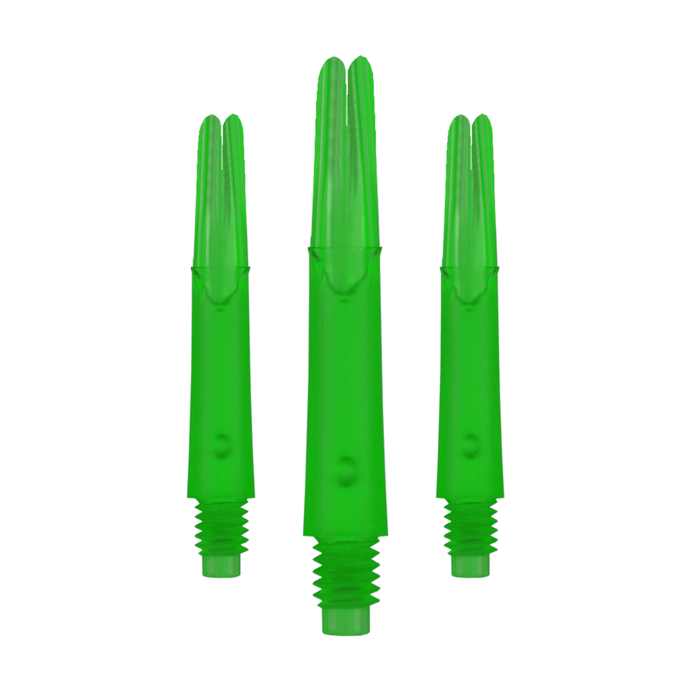 Arbres en L verrouillés droits - Verts Auf dem Bild sind drei gerade, grüne Dartschäfte ohne Kappen zu sehen. Sie sind durchsichtig und haben am unteren Ende ein Gewinde.