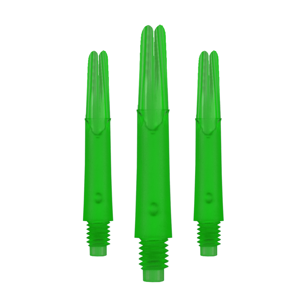 Arbres en L verrouillés droits - Verts L-Style L-Shafts Locked Straight, spezielle Farbe, längeres Set. Das Foto zeigt drei lange Dart-Schäfte aufgereiht.
