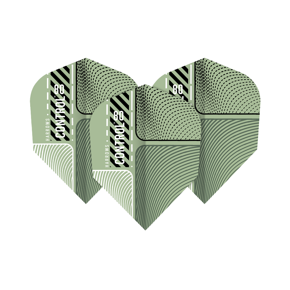 Harrows Prime Control Vols n° 6 Das Bild zeigt drei Harrows Prime Control No6 Flights für Darts. Die Flights haben ein modernes, grünes Design mit grafischen Mustern und dem Aufdruck "Control 80".
