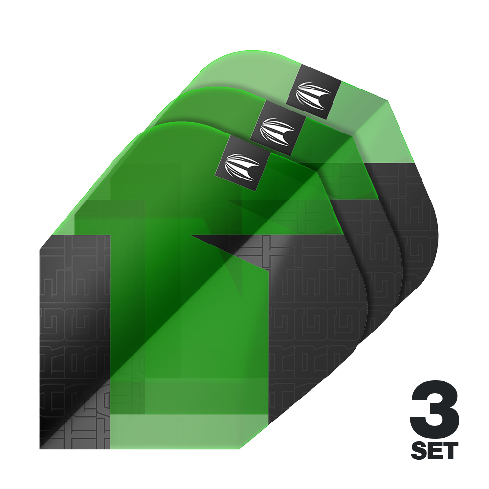 Ailettes standard Target Pro Ultra TAG vertes Ten-X - 3 jeux Auf dem Bild sind drei grüne und schwarze Dart-Flights mit einem modernen Muster zu sehen. Unten rechts steht "3 SET", was auf drei Sets hinweist.