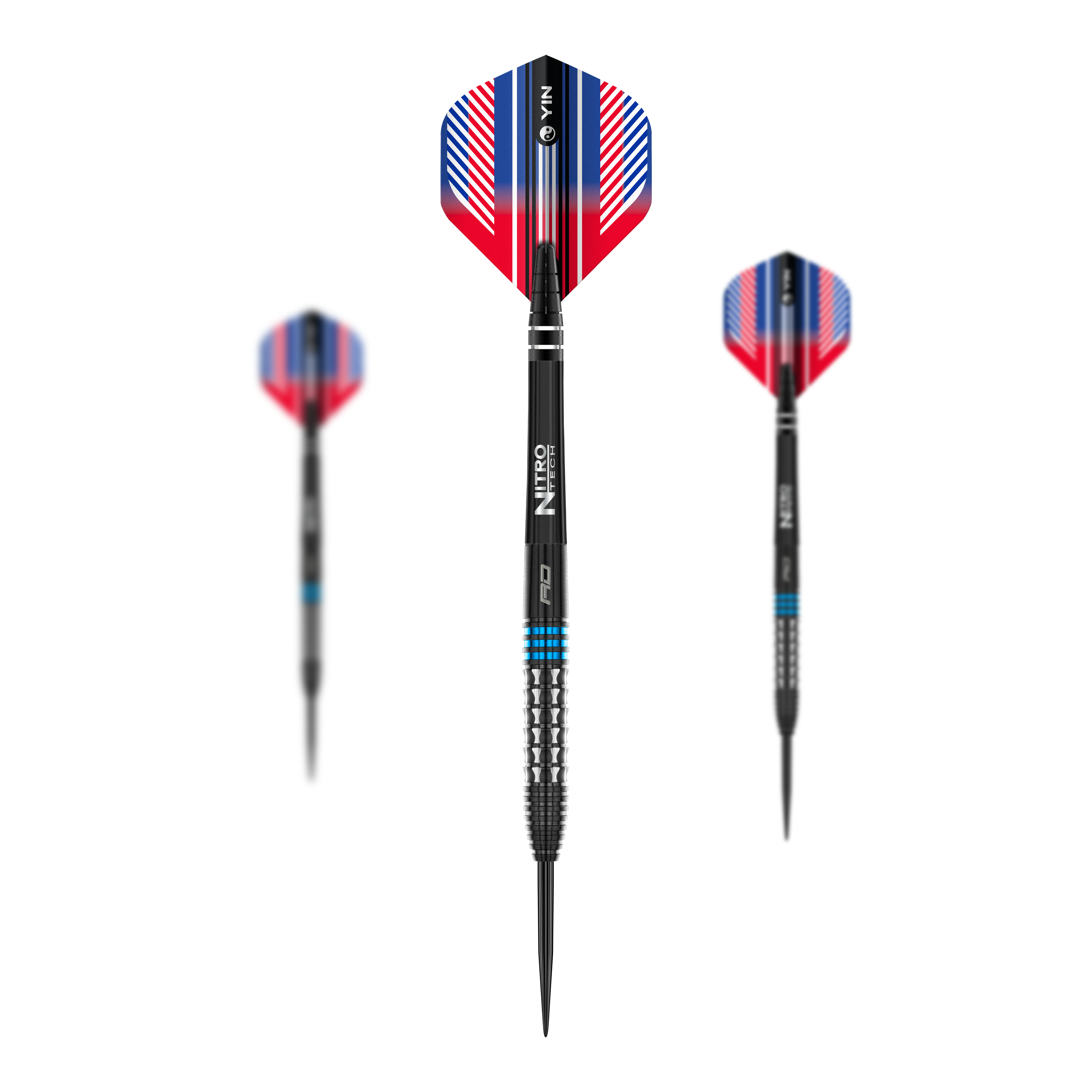 Fléchettes en acier bleu Red Dragon Vengeance Das Bild zeigt drei Steeldarts des Produkts 'Red Dragon Vengeance Blue'. Die Darts haben schwarze Spitzen, silberne Griffe mit blauen Ringen und auffällige Flights in Rot, Blau und Weiß.