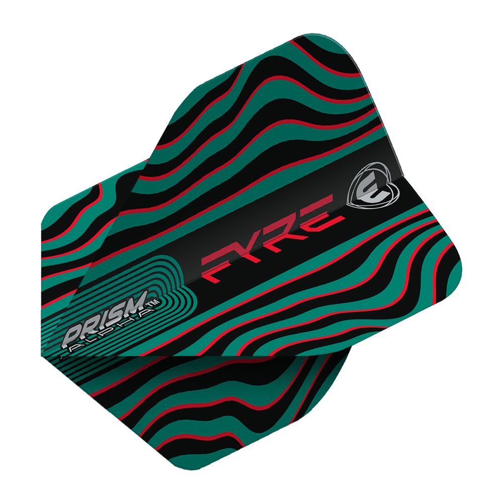 Das Bild zeigt das Produkt "Winmau Prism Alpha Fyre BlackTurquoiseRed Standard Flights". Das Design ist schwarz mit welligen türkisfarbenen und roten Linien sowie auffälliger Aufschrift.