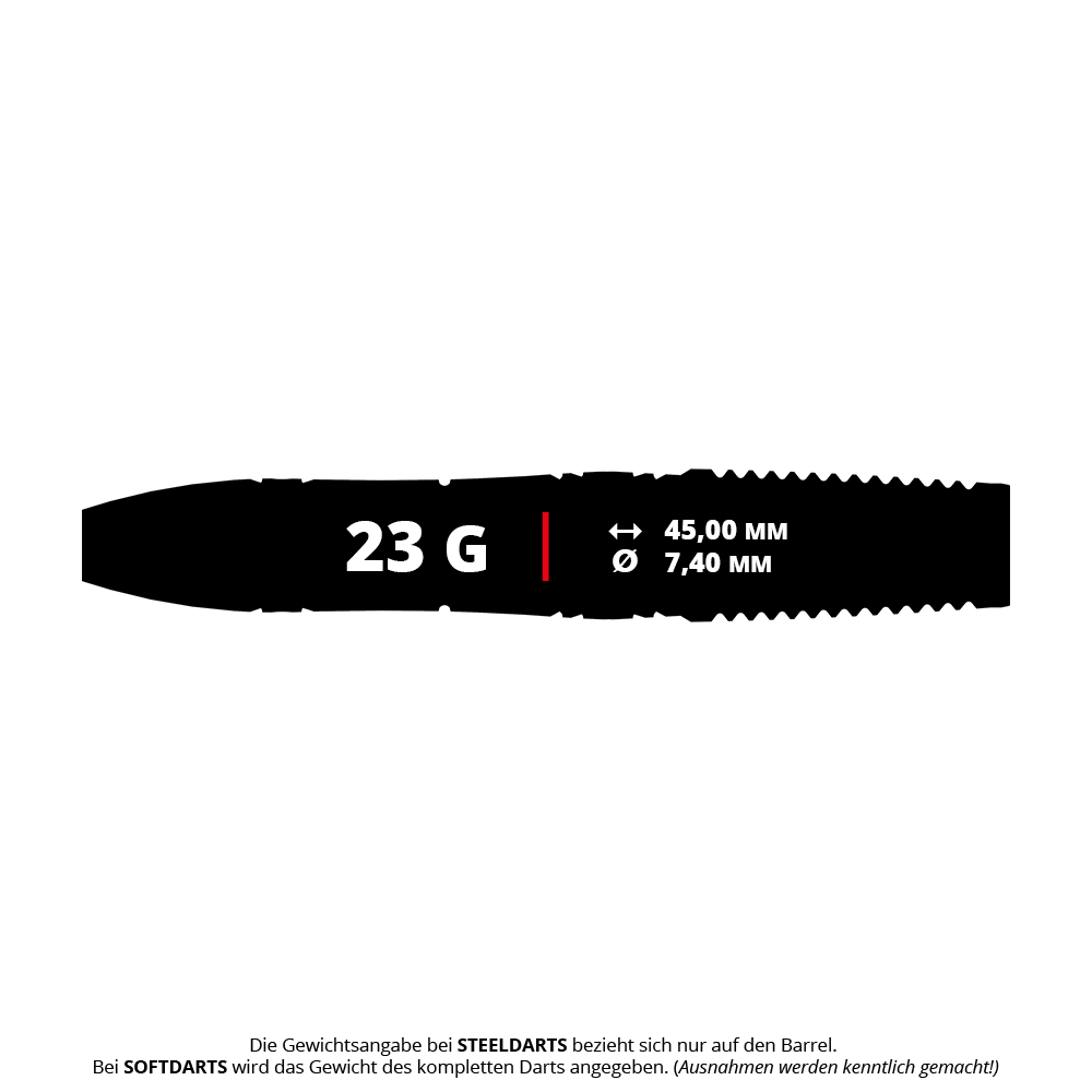 Das Bild zeigt einen Steeldart mit einem Gewicht von 23 Gramm. Die Länge beträgt 45,00 mm und der Durchmesser 7,40 mm.