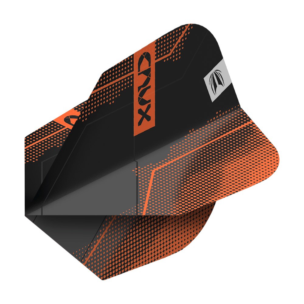 Ailettes Target Pro Ultra Crux n° 6 - 3 jeux - 3 jeux Das Bild zeigt einen schwarzen Dartflight mit orangefarbenen Akzenten und dem Schriftzug "CRUX". Das Produkt heißt "Target Pro Ultra Crux No6 Flights - 3 Sets".