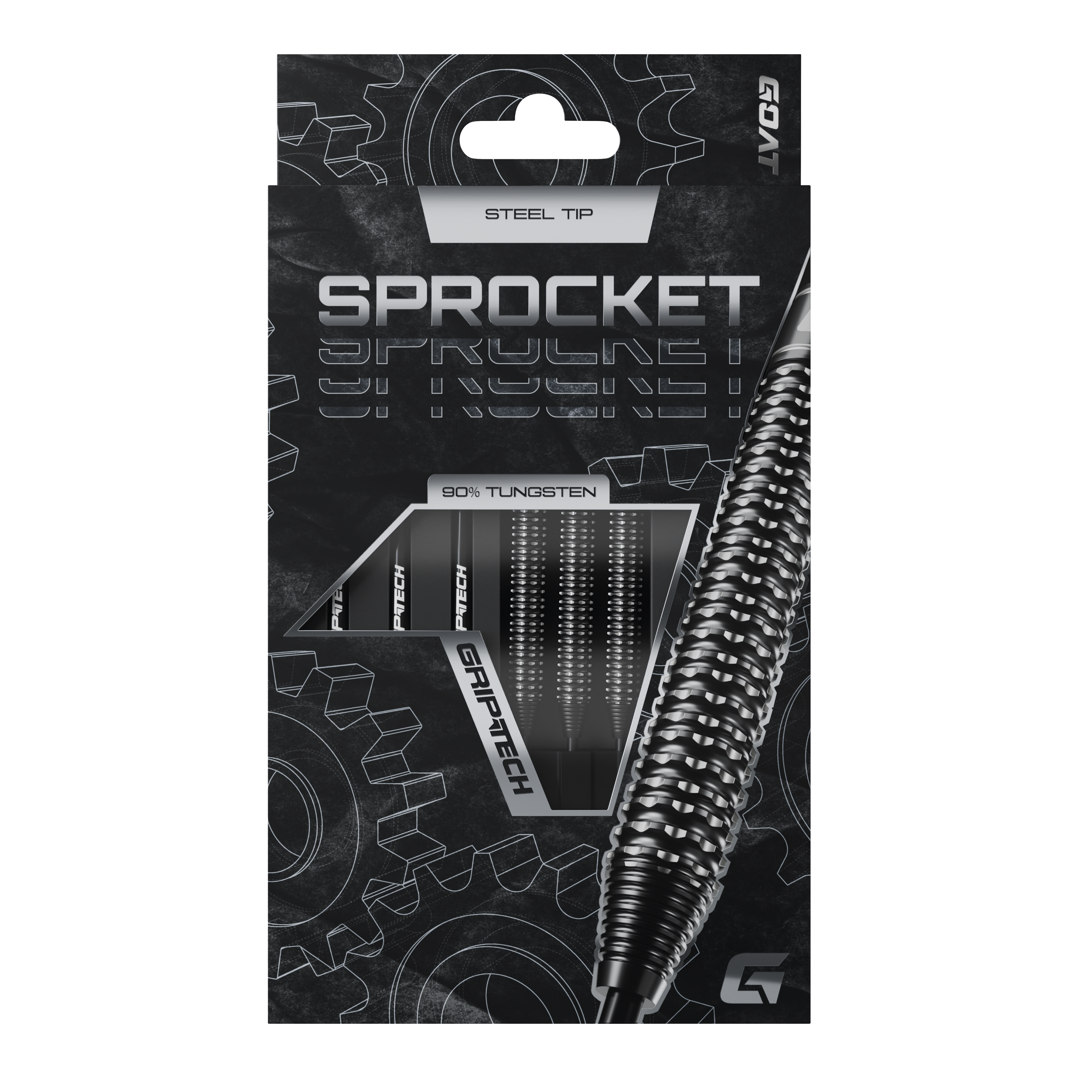 Fléchettes GOAT Sprocket en acier tungstène Die Abbildung zeigt die Verpackung der GOAT Sprocket Tungsten Steeldarts. Auf der Packung sind die Eigenschaften wie "Steel Tip" und "90% Tungsten" deutlich hervorgehoben.