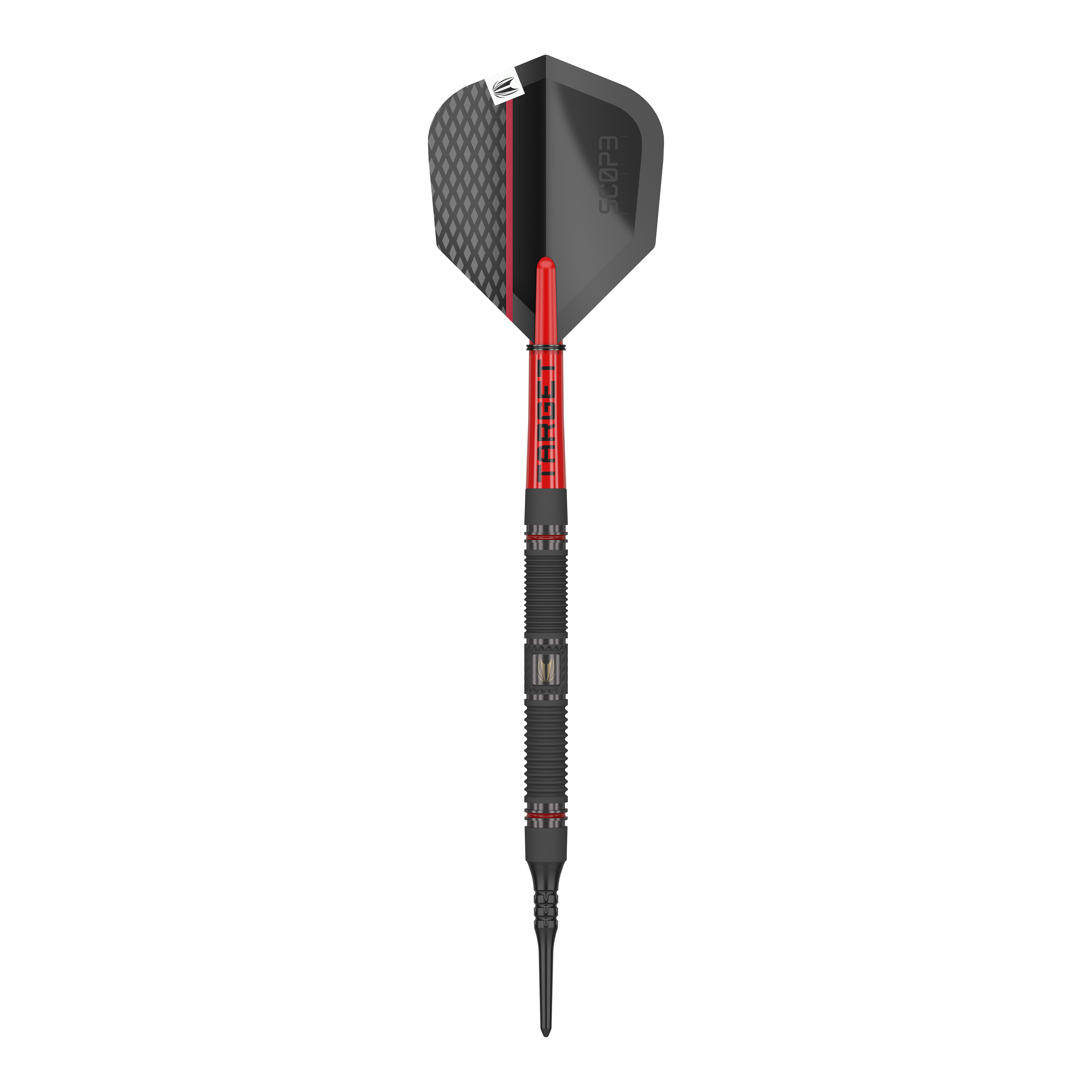 Target Scope 10 fléchettes souples Das Bild zeigt einen Target Scope 10 Softdart. Der Dartpfeil hat ein schwarzes und rotes Design mit einer strukturierten Spitze und einer schwarzen Flight.