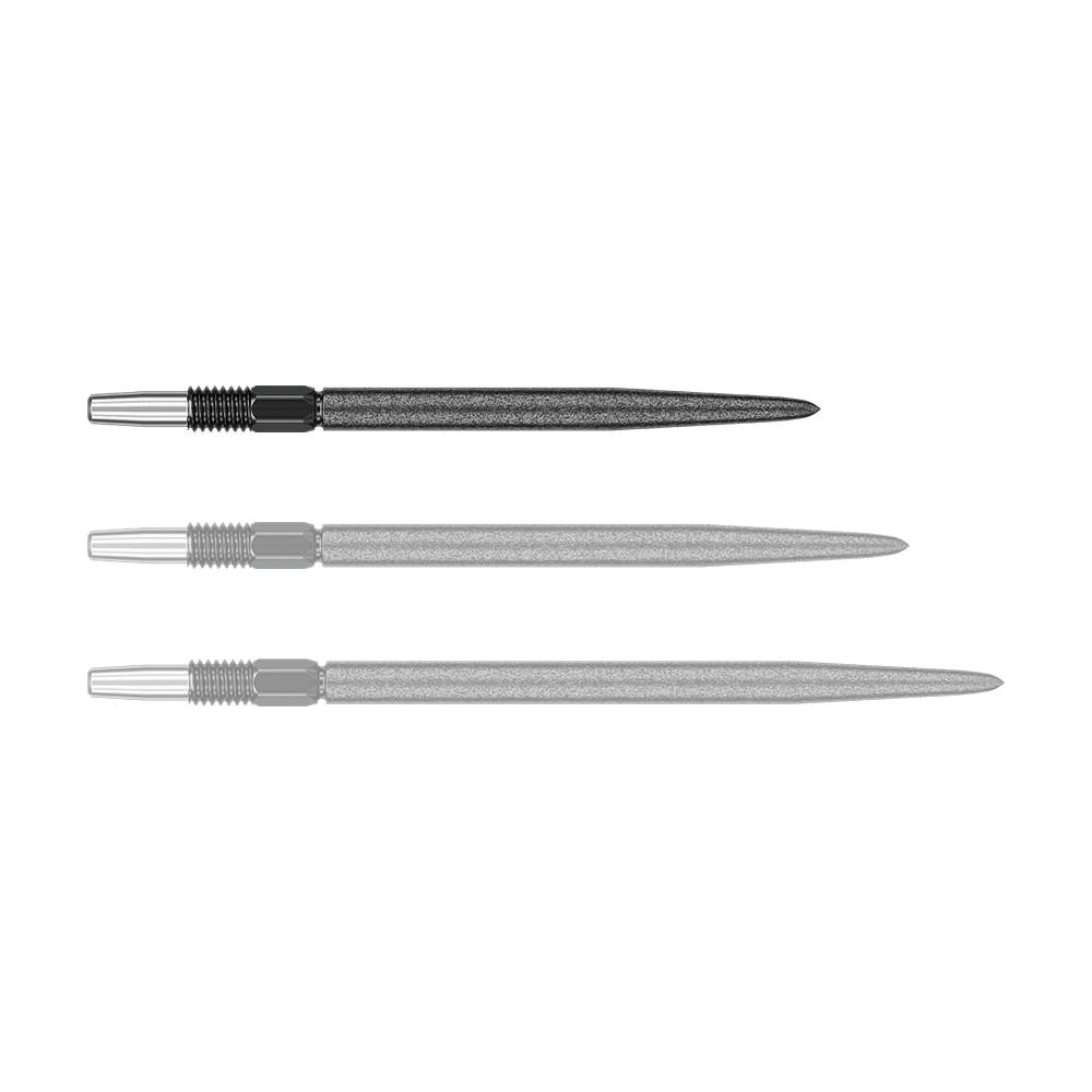 Pointes de fléchettes Target Swiss Point SLK - Noires Auf dem Bild sind drei schwarze Dartspitzen mit silberfarbenem Gewinde zu sehen. Sie liegen nebeneinander auf weißem Hintergrund.