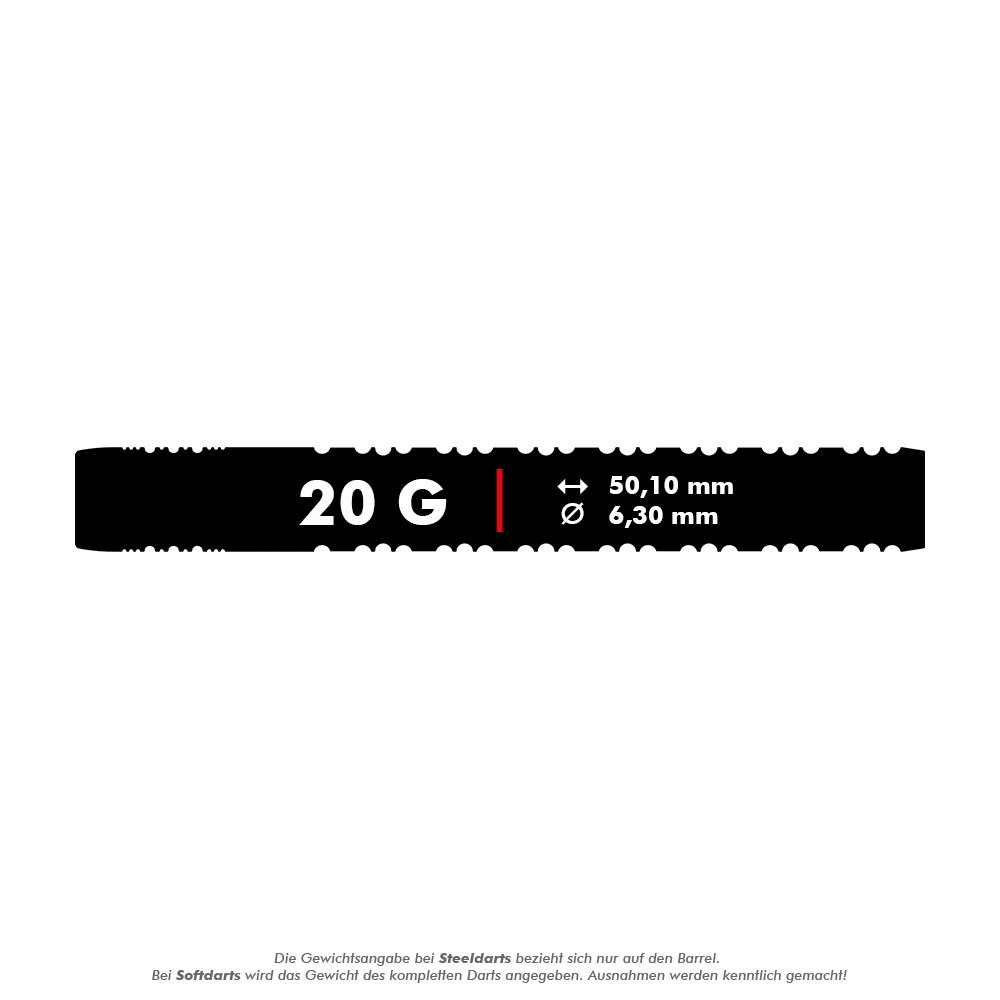 Fléchettes souples Target Chris Dobey Hollywood Action - 20 g Das Bild zeigt die Maße des Produkts "Target Chris Dobey Hollywood Action Softdarts - 20g". Der Dart wiegt 20 Gramm, ist 50,10 mm lang und hat einen Durchmesser von 6,30 mm.