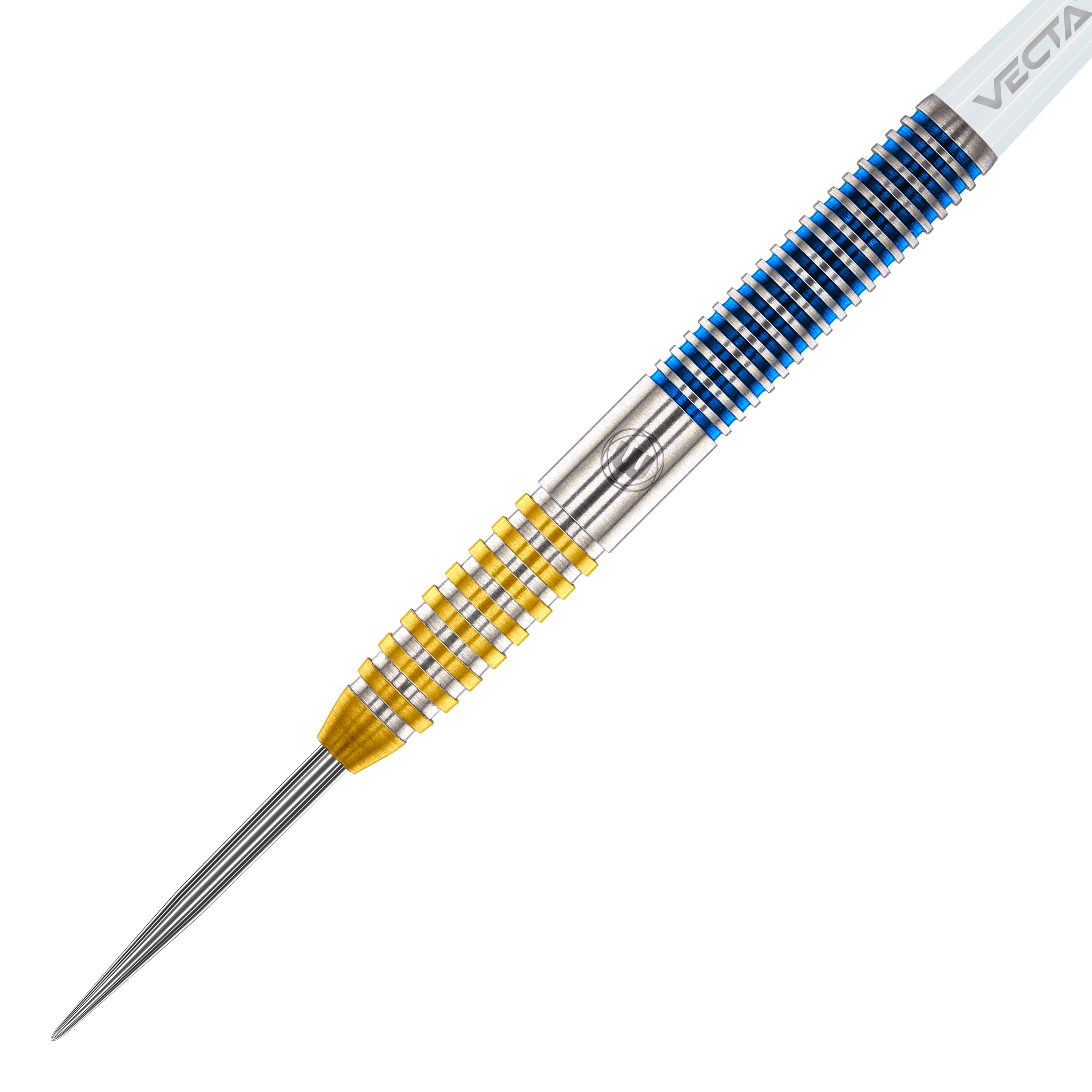 Fléchettes Winmau Daryl Gurney SC 1.0 Series - 23 g Das Bild zeigt einen Winmau Daryl Gurney SC 1.0 Series Steeldart mit einem Gewicht von 23 Gramm. Der Dart hat ein auffälliges Design mit gelben und blauen Ringen am Griff.