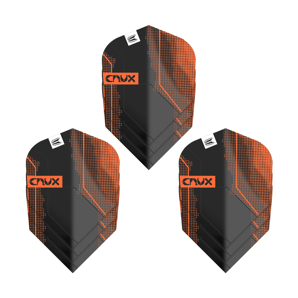 Ailettes Target Pro Ultra Crux n° 6 - 3 jeux - 3 jeux Das Bild zeigt drei Sets von Target Pro Ultra Crux No6 Flights. Die Flights sind schwarz mit orangefarbenen Akzenten und dem Schriftzug "Crux".