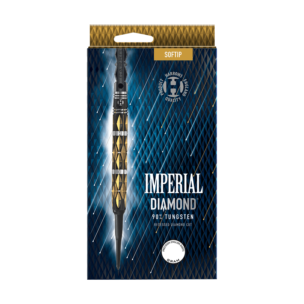 HA33454_Harrows_Imperial_Diamond_Softdarts_3 Die Abbildung zeigt die Verpackung der "Harrows Imperial Diamond Softdarts". Die Verpackung ist blau-gold mit einem Bild eines Softdarts und den Produktinformationen auf der Vorderseite.