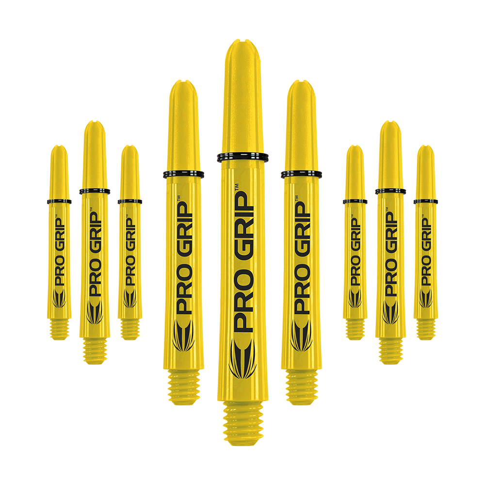 Tiges Target Pro Grip - 3 jeux - Jaune Das Bild zeigt mehrere gelbe Dartschäfte mit der Aufschrift "PRO GRIP". Die Schäfte sind in einer Reihe angeordnet und haben ein einheitliches Design.
