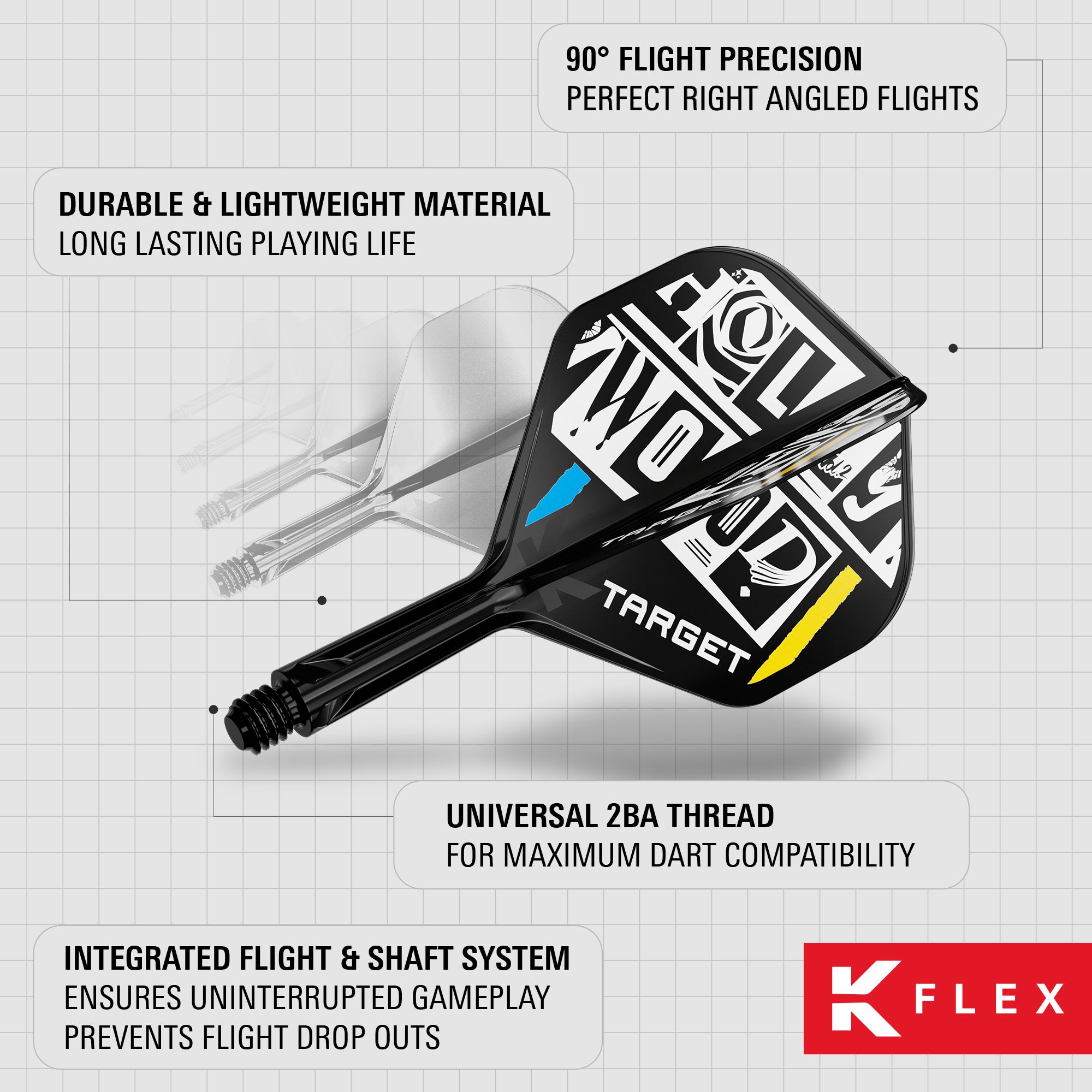 Système de tige de vol standard Target K-Flex Chris Dobey n° 2 Das Bild zeigt das Produkt "Target K-Flex Chris Dobey No2 Standard Flights" für Darts. Es hebt die langlebigen und leichten Materialien, die präzisen 90°-Flüge sowie das integrierte Flight- und Schaftsystem hervor.