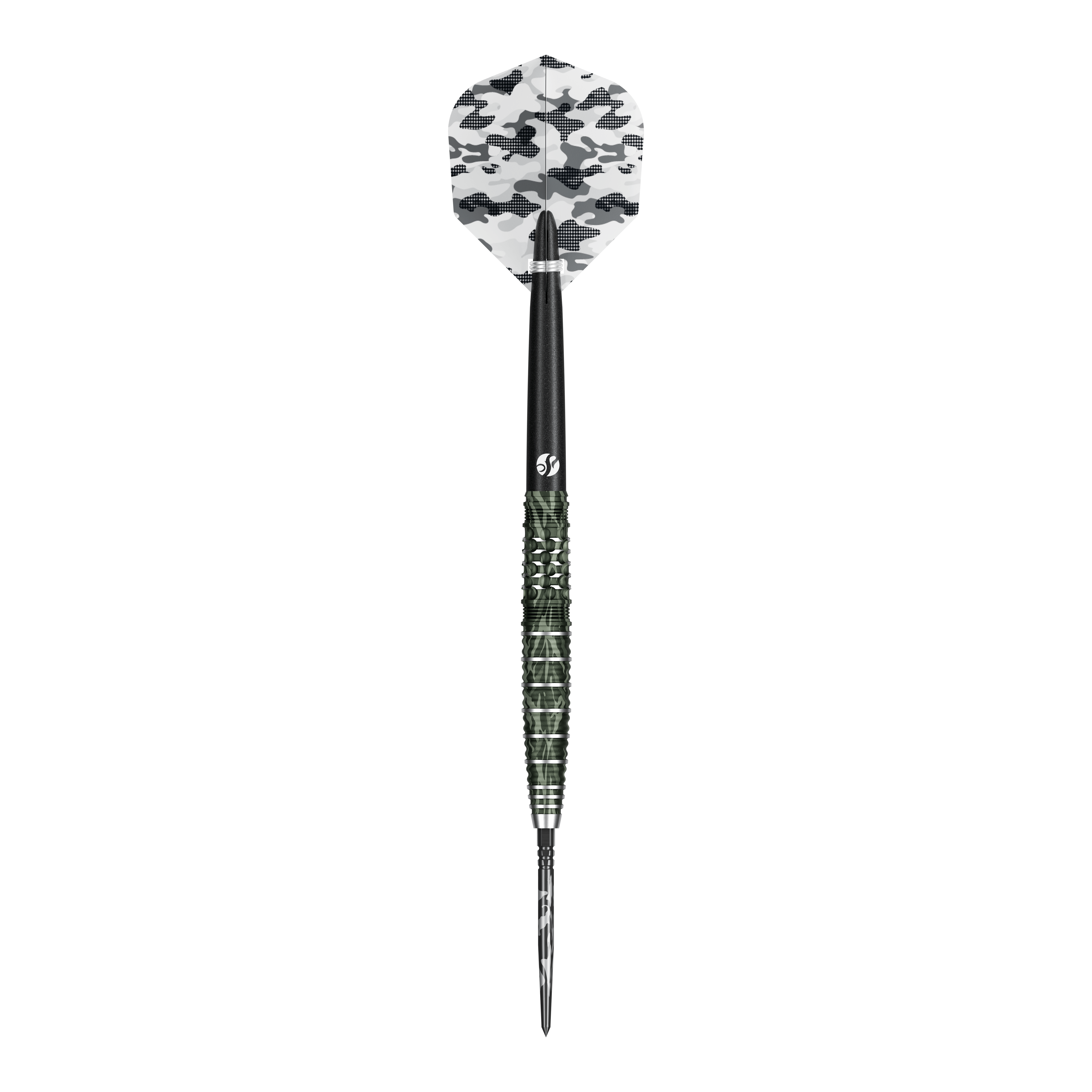 Shot Camo Ghillie Turbo Point Steeldarts 23g sind moderne Dartpfeile mit Tarndesign. Drei Dartpfeile liegen nebeneinander.