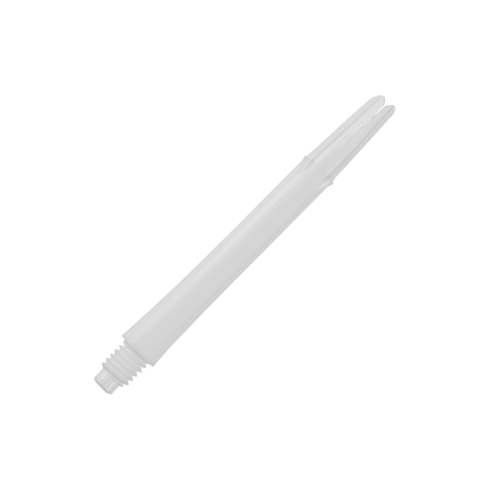 Arbres en L verrouillés droits - Blanc Auf dem Bild ist ein gerader, weißer Dartshaft ohne Kappen zu sehen. Der Shaft ist schlicht gestaltet und hat eine Länge von 46 mm.