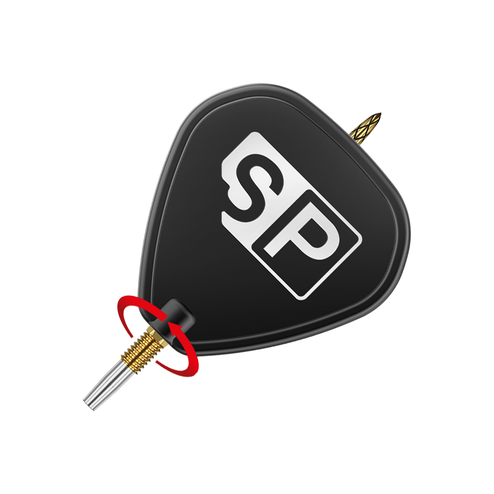 Pointes de fléchettes Target Swiss DS Surge Point - Or Das Bild zeigt eine schwarze Dartspitze mit der Aufschrift "SP" auf dem Flight. Ein roter Pfeil zeigt eine Drehbewegung an der goldenen Verschraubung der Spitze.