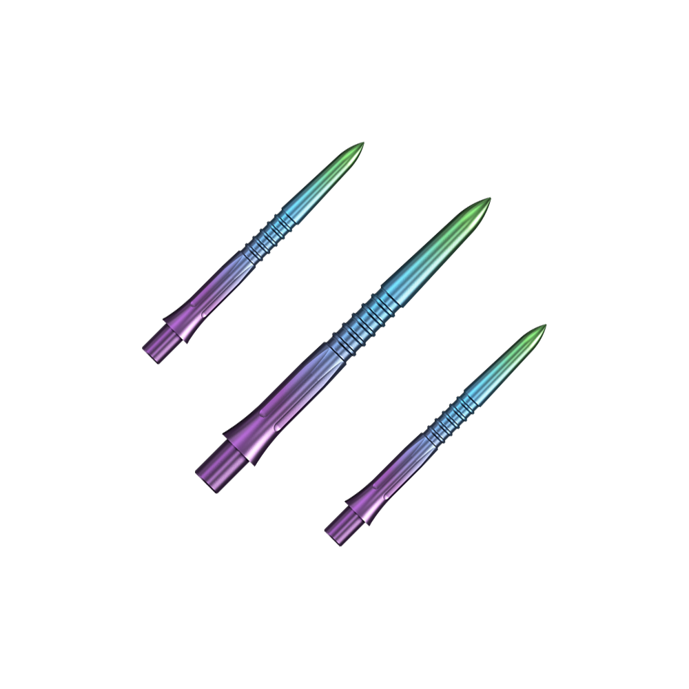 Embouts de fléchettes Mission Caliburn EVO GV1 - Arc-en-ciel Das Bild zeigt Steeldartspitzen in Regenbogenfarben mit einer Länge von 26 mm. Es handelt sich um ein Set namens Mission Caliburn EVO GV1.