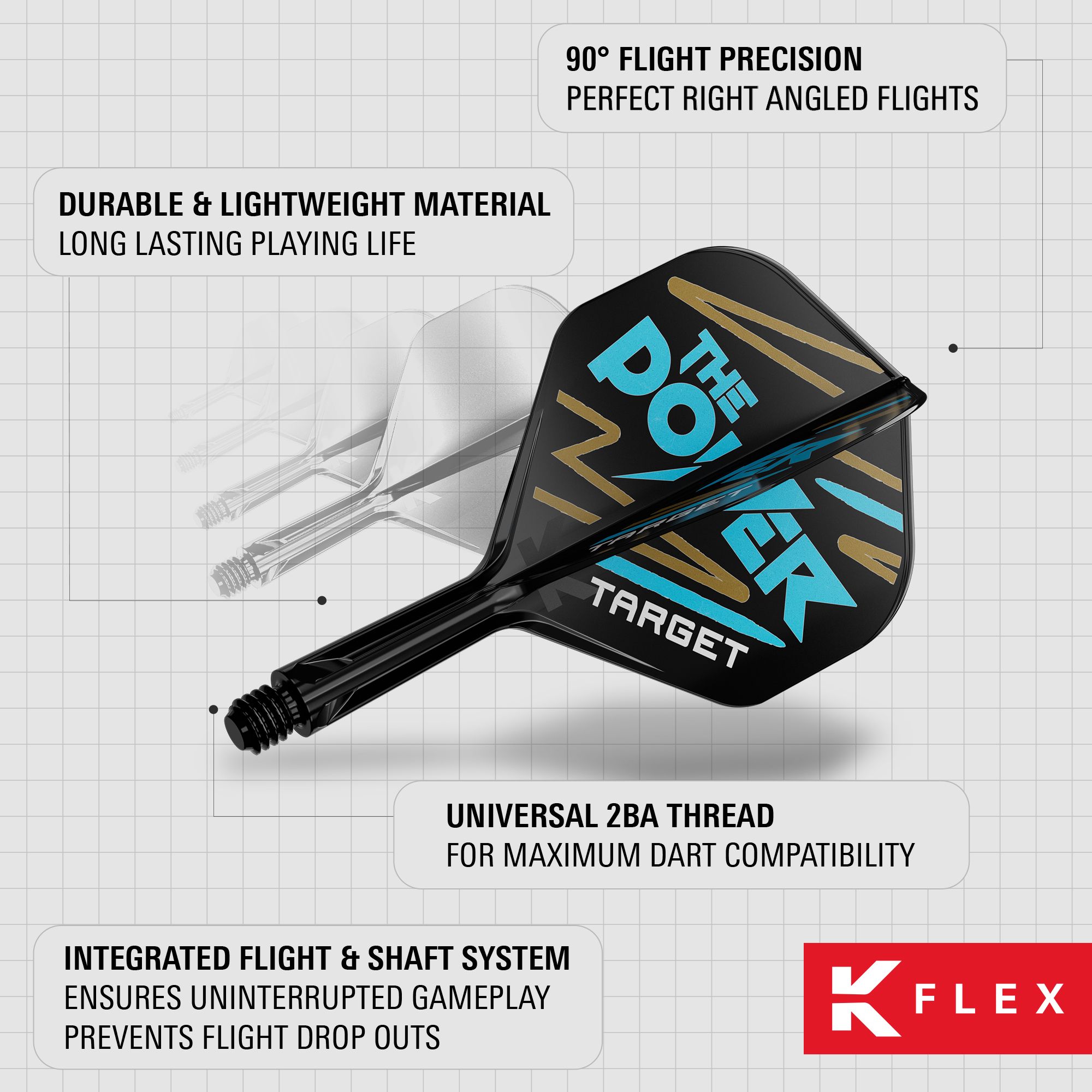 Système de flèche standard Target K-Flex Phil Taylor n° 2 Das Bild zeigt das Produkt "Target K-Flex Phil Taylor No2 Standard Flights" für Dartpfeile. Es hebt die langlebigen Materialien, die präzise 90°-Flugwinkel und das integrierte Flight- und Schaftsystem hervor.