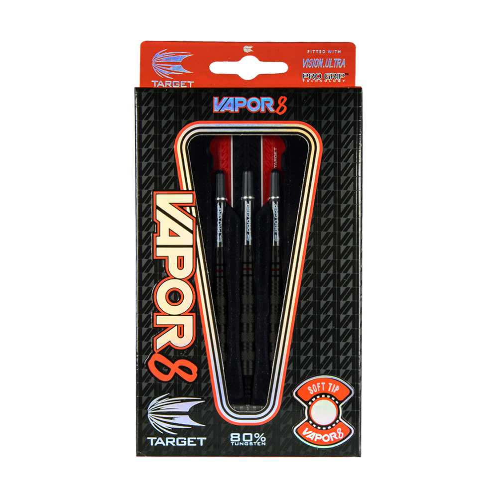Fléchettes souples Target Vapor8 05 - 18 g Das Bild zeigt die Verpackung der "Target Vapor8 05 Softdarts - 18g". In der Packung befinden sich drei schwarze Softdarts mit roten Flights.