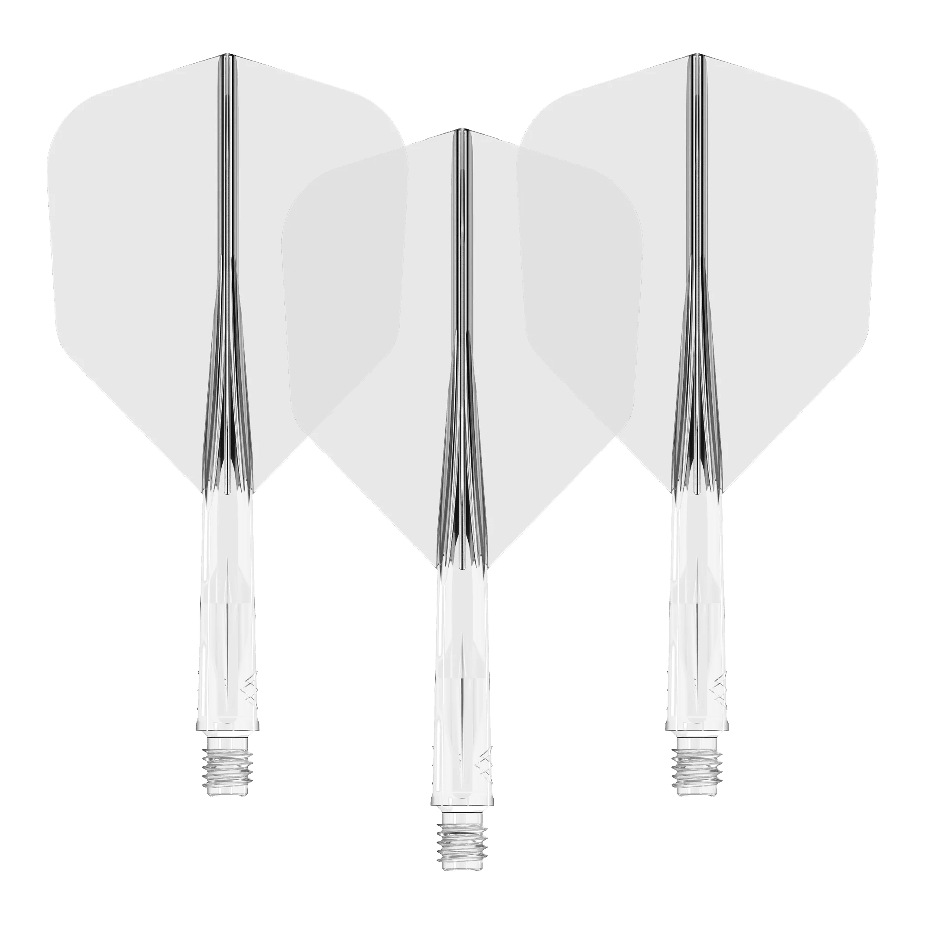 Système d'arbre de transMission Mission Force 90 n° 6 - Transparent Auf dem Bild sind drei klare Dart-Flights mit passenden transparenten Schäften zu sehen. Sie sind nebeneinander angeordnet und zeigen eine einheitliche, schlichte Optik.