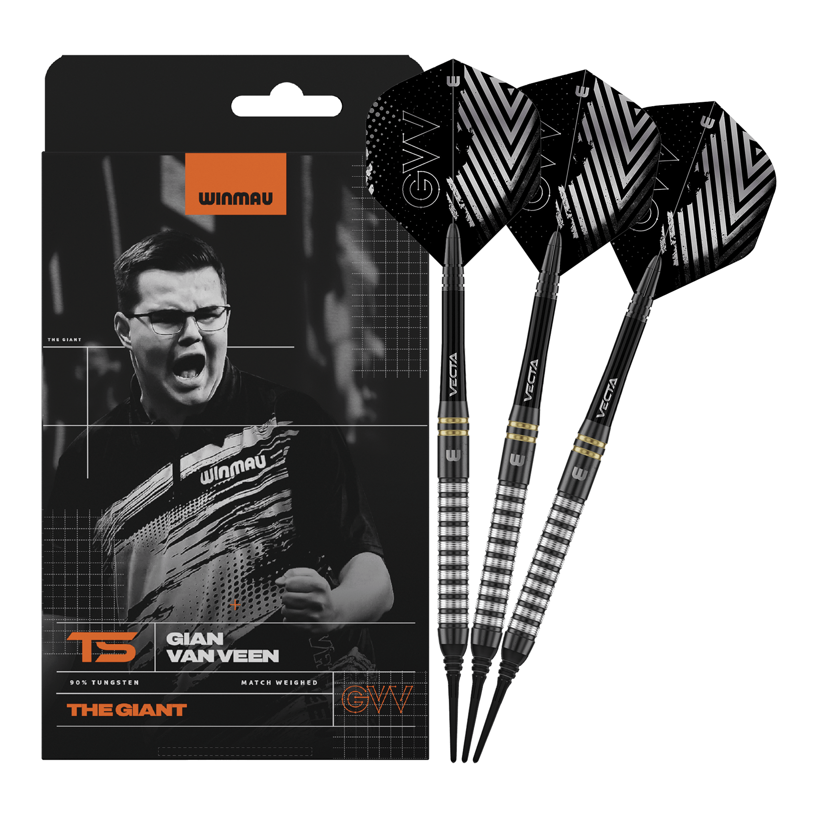 Fléchettes souples Winmau Gian Van Veen TS - 18g Winmau Gian Van Veen TS Softdarts mit 18g werden komplett dargestellt. Alle drei Darts sind zusammen zu sehen.