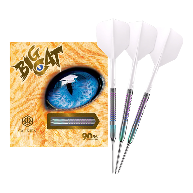 Fléchettes en acier Caliburn Big Cats Ocelot Caliburn Big Cats Ozelot Steeldarts mit einem Gewicht von 23g. Das Bild zeigt die gesamte Länge des Dartpfeils.