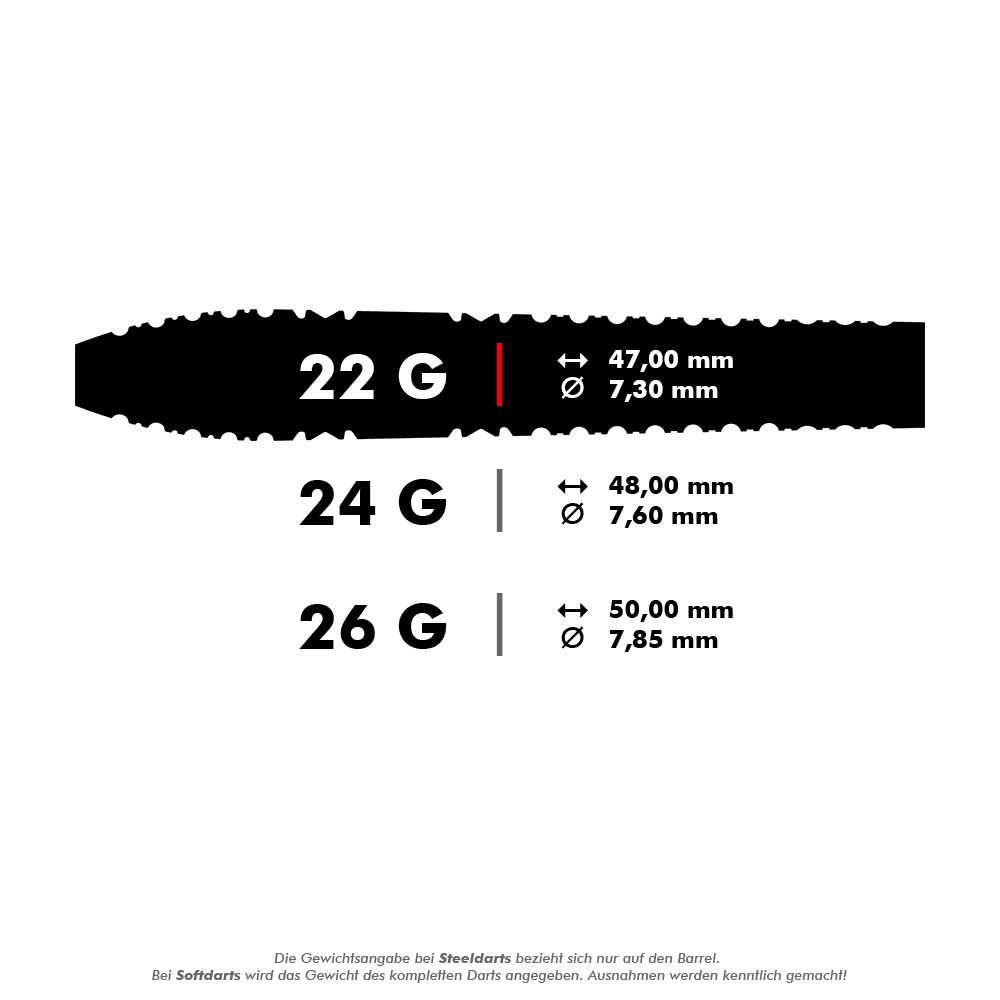 Fléchettes en acier Target Bolide Void 03 Swiss Point Das Bild zeigt die technischen Daten von Steeldarts in den Gewichten 22g, 24g und 26g, jeweils mit Länge und Durchmesser in Millimeter. Am unteren Rand steht ein Hinweis, dass sich die Gewichtsangabe bei Steeldarts nur auf den Barrel bezieht.