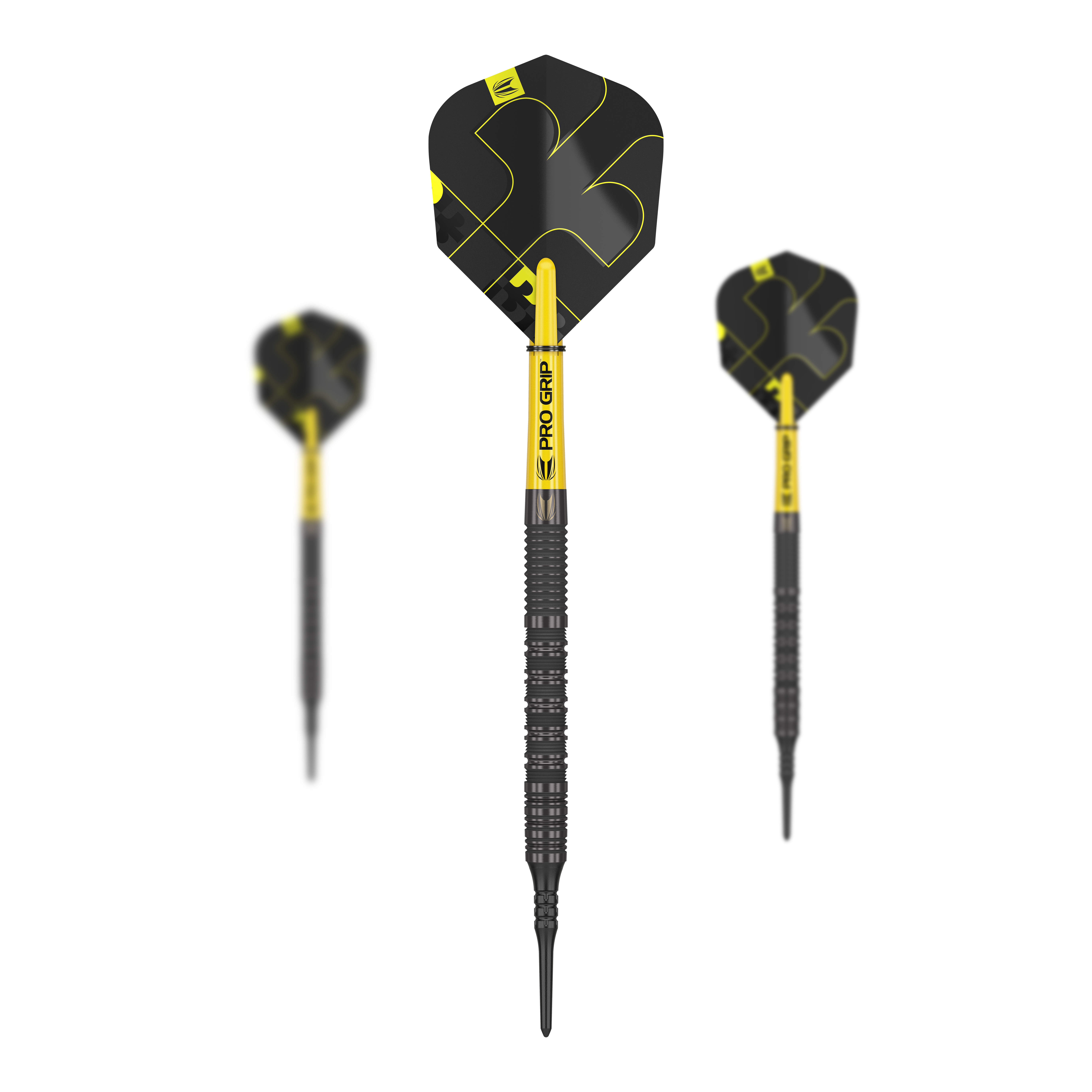 Target Bolide Void 10 fléchettes souples Das Bild zeigt drei Softdarts des Produkts "Target Bolide Void 10". Die Darts sind schwarz-gelb gestaltet und haben den Schriftzug "PRO GRIP" auf dem Schaft.