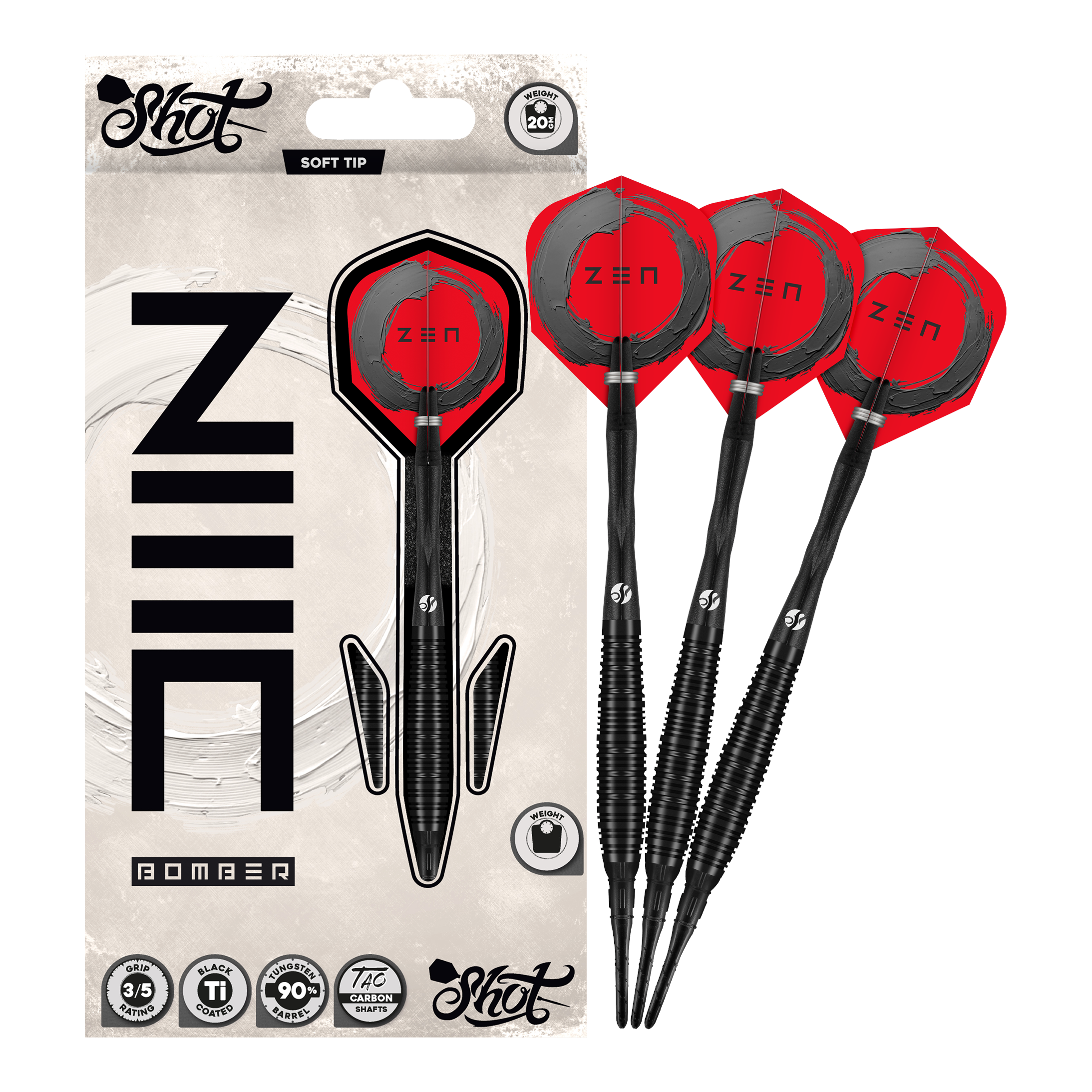 Fléchettes souples Shot ZEN Bomber - 20 g Zu sehen sind die Shot ZEN Bomber Softdarts - 20g. Sie zeichnen sich durch ihre spezielle Form und das ansprechende Aussehen aus.