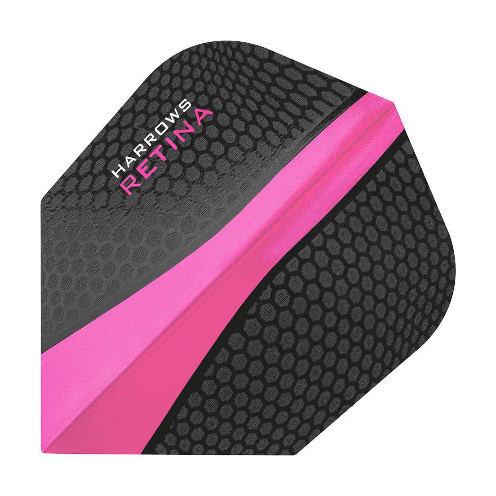 HR5511_Harrows_Retina_Pink_No2_Standard_Flights_1 Das Bild zeigt ein Dart-Flight mit dem Namen "Harrows Retina Pink No6". Das Flight ist überwiegend schwarz mit einem auffälligen pinken Streifen und Wabenmuster.