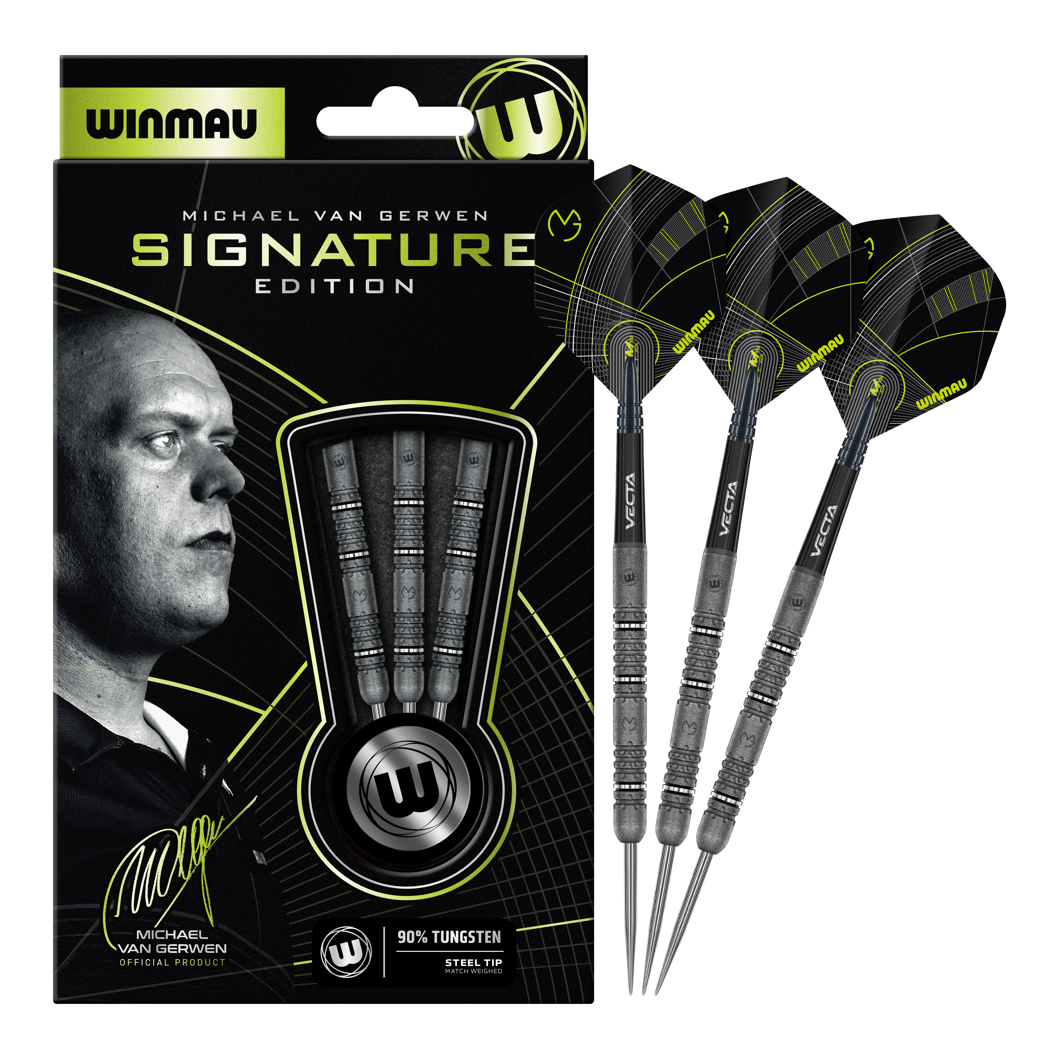 Zu sehen sind die Winmau Michael Van Gerwen Signature Edition Steeldarts. Das Produkt wurde in Zusammenarbeit mit dem Dartspieler Michael Van Gerwen entwickelt.