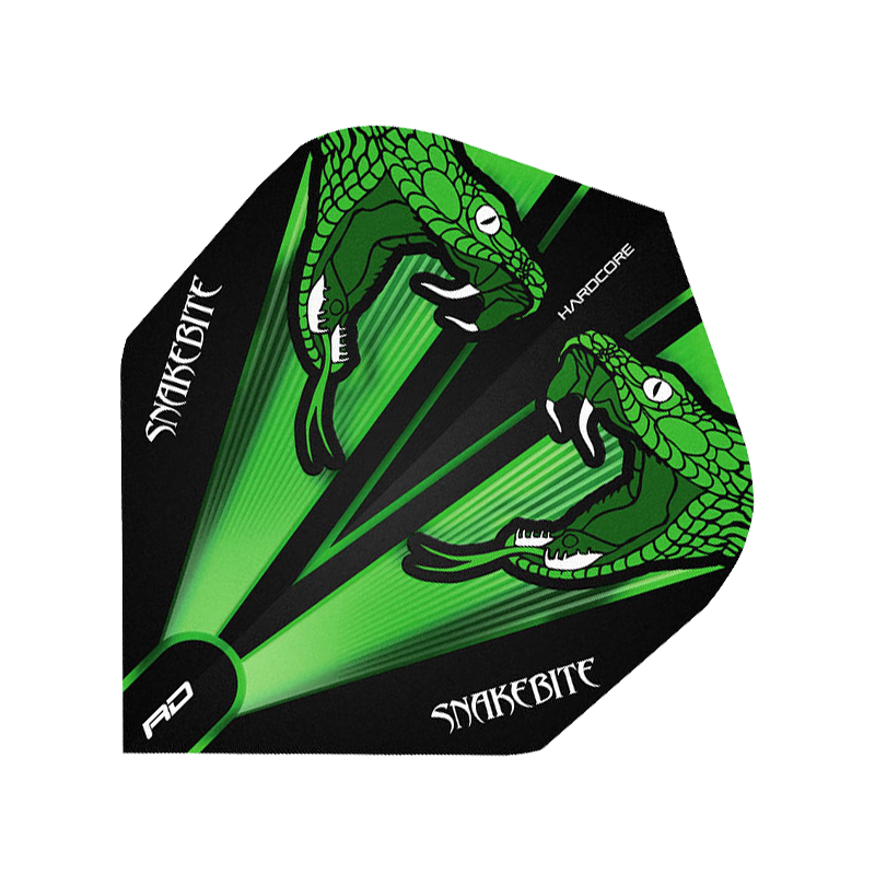 Peter-Wright-green Das Bild zeigt ein Dartflight mit grünem und transparentem Design. Darauf sind zwei grüne Schlangenköpfe und der Schriftzug "SNAKEBITE" abgebildet.