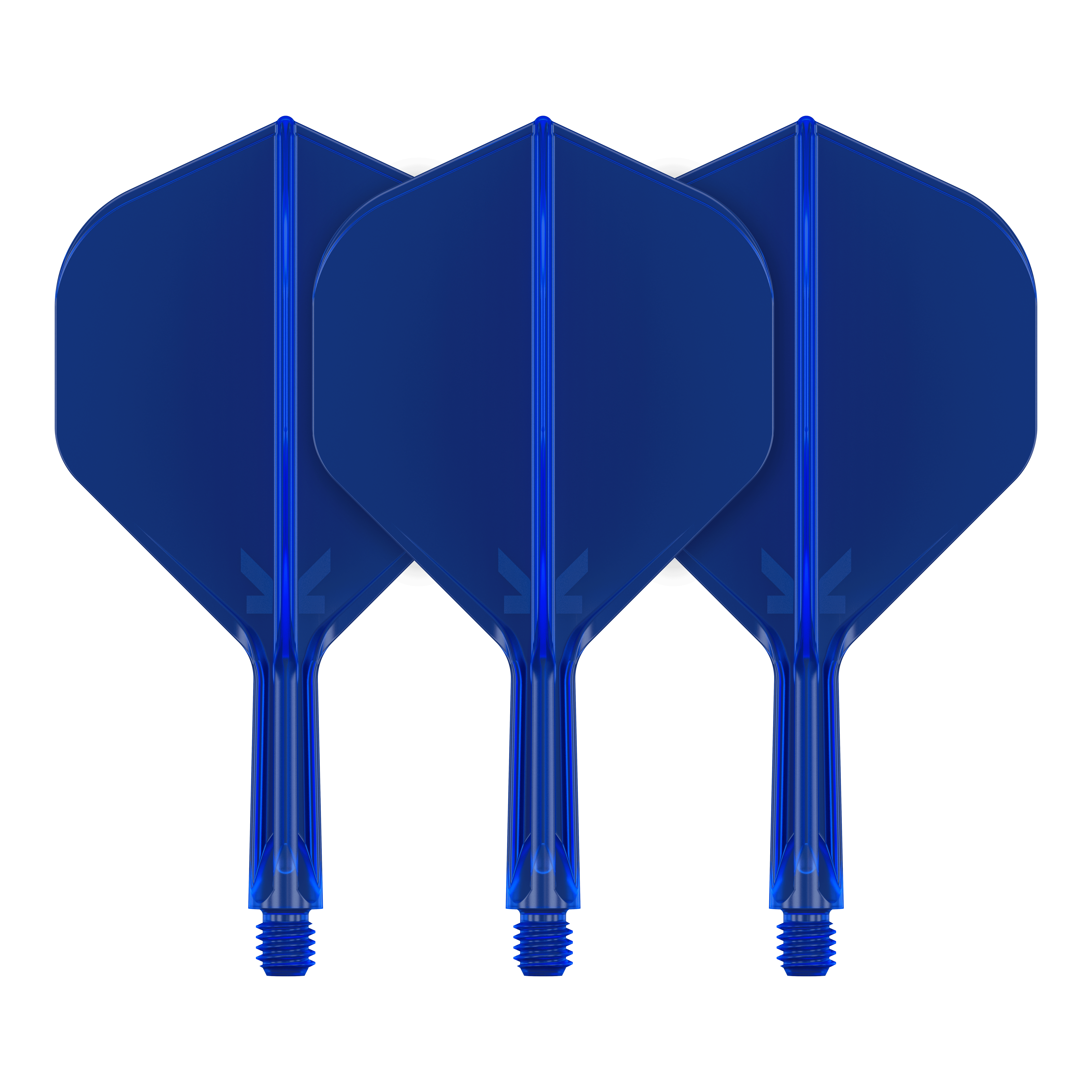 Système de vol standard Target K-Flex No2 - Bleu Auf dem Bild sind drei blaue Dart-Flights zu sehen. Sie stehen nebeneinander und haben eine standardmäßige Form.